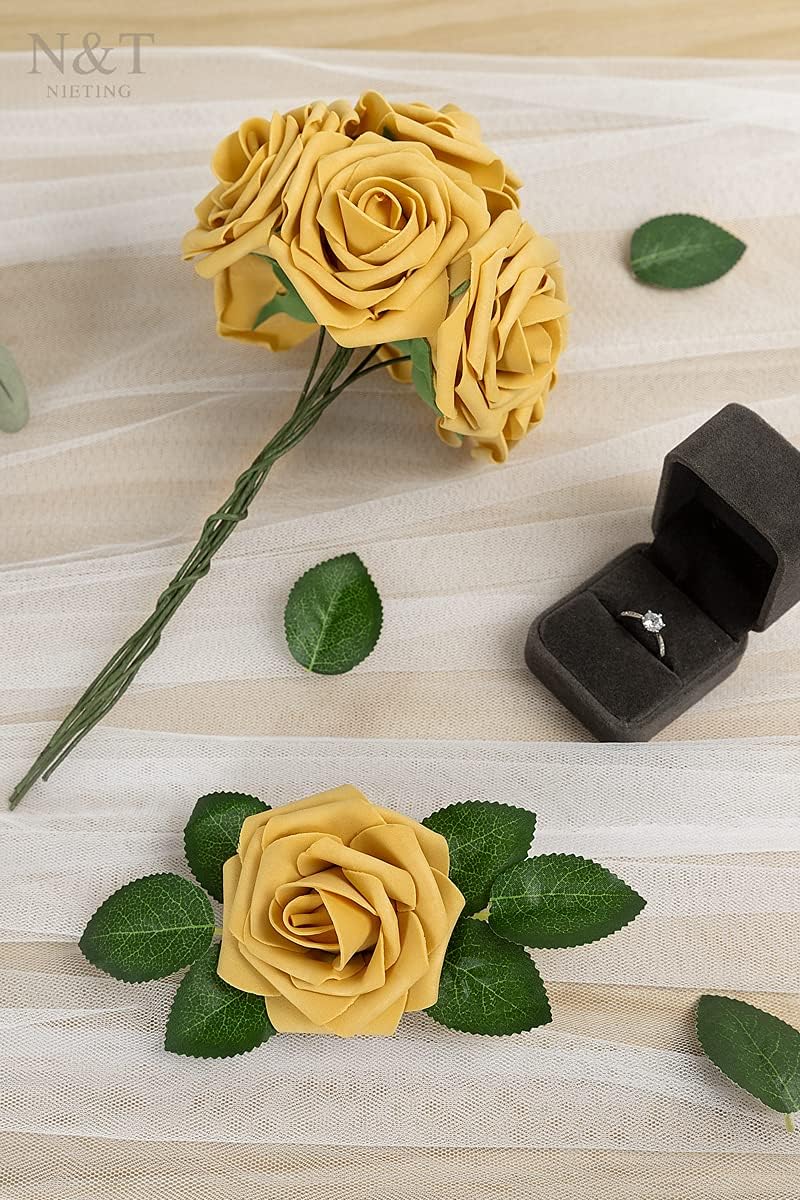 N&T NIETING Artificial Rose Flowers, 25pcs Fake Flowers Fall Yellow Rose DIY for Wedding Bridesmaid