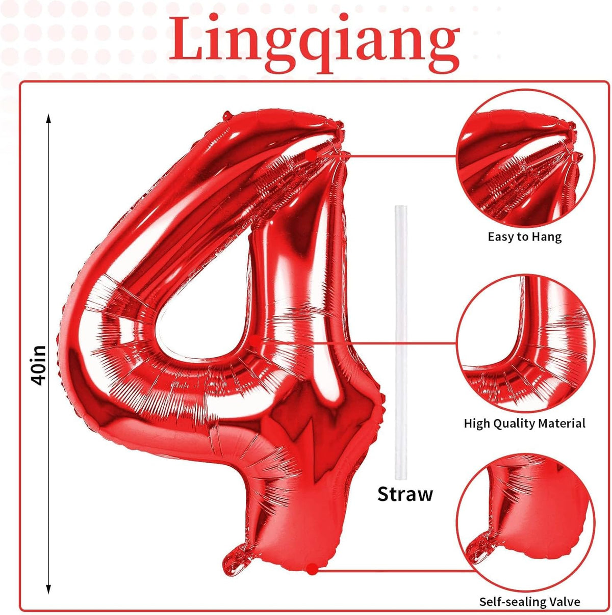 40 Inch Red Foil Balloon Number 4, Giant Self Inflating Number Balloons 0-9 for Men Women, Digital