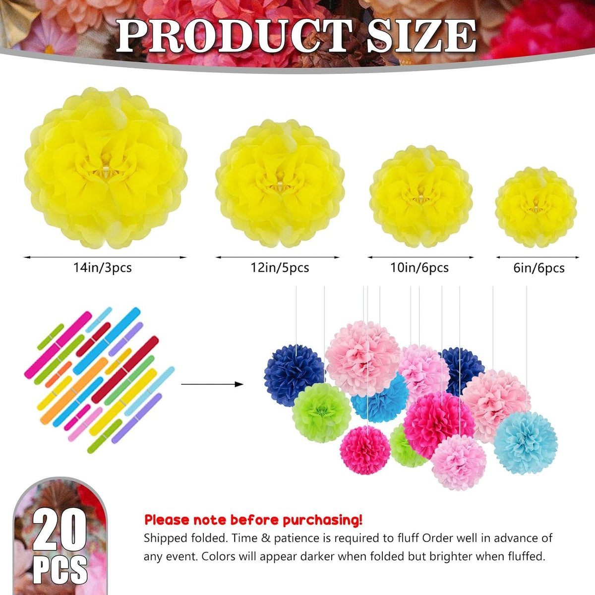 Tissue Paper Pom Poms, Light Yellow Tissue Paper Flowers, Hanging Flower Balls for Weddings Fiesta