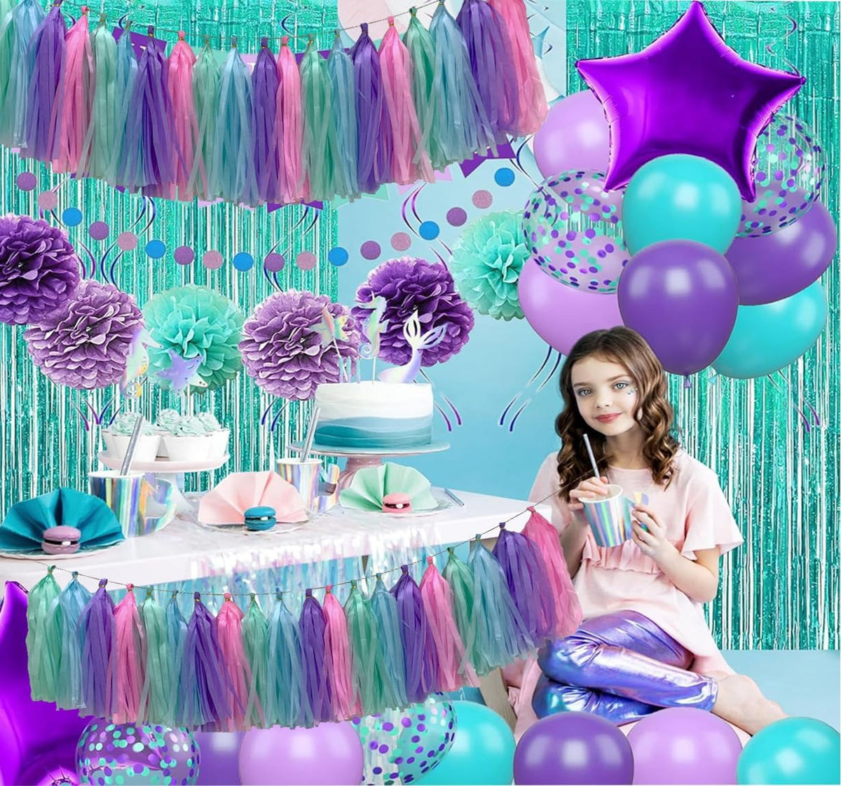 Blue Purple Mint Green Pink Tissue Paper Tassel Garland,Tissue Tassel Banner for Party