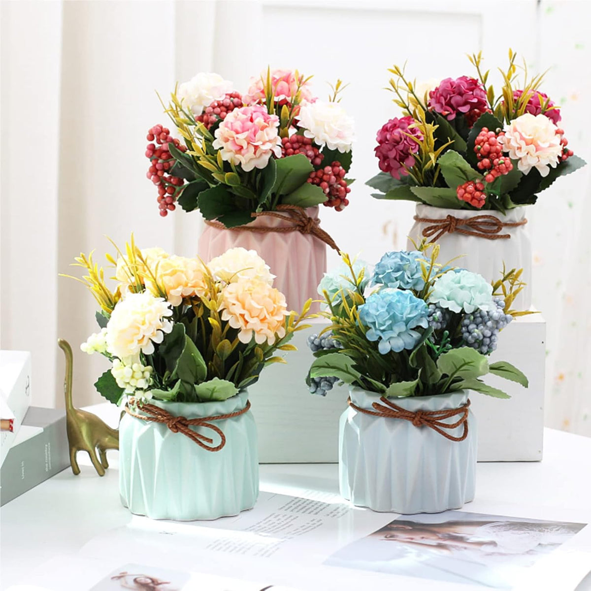 BLOSMON Fake Flowers in Vase for Centerpieces: 4 PCS 5.9 Inch Small Artificial Hydrangea with Vase