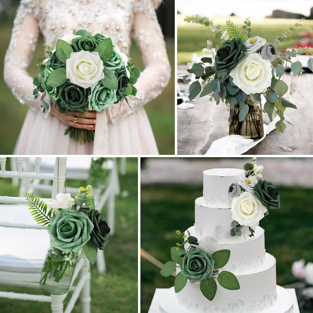 AmyHomie 25pcs Real Looking Artificial Shades of Forest Roses w/Stem for DIY Wedding Bouquets