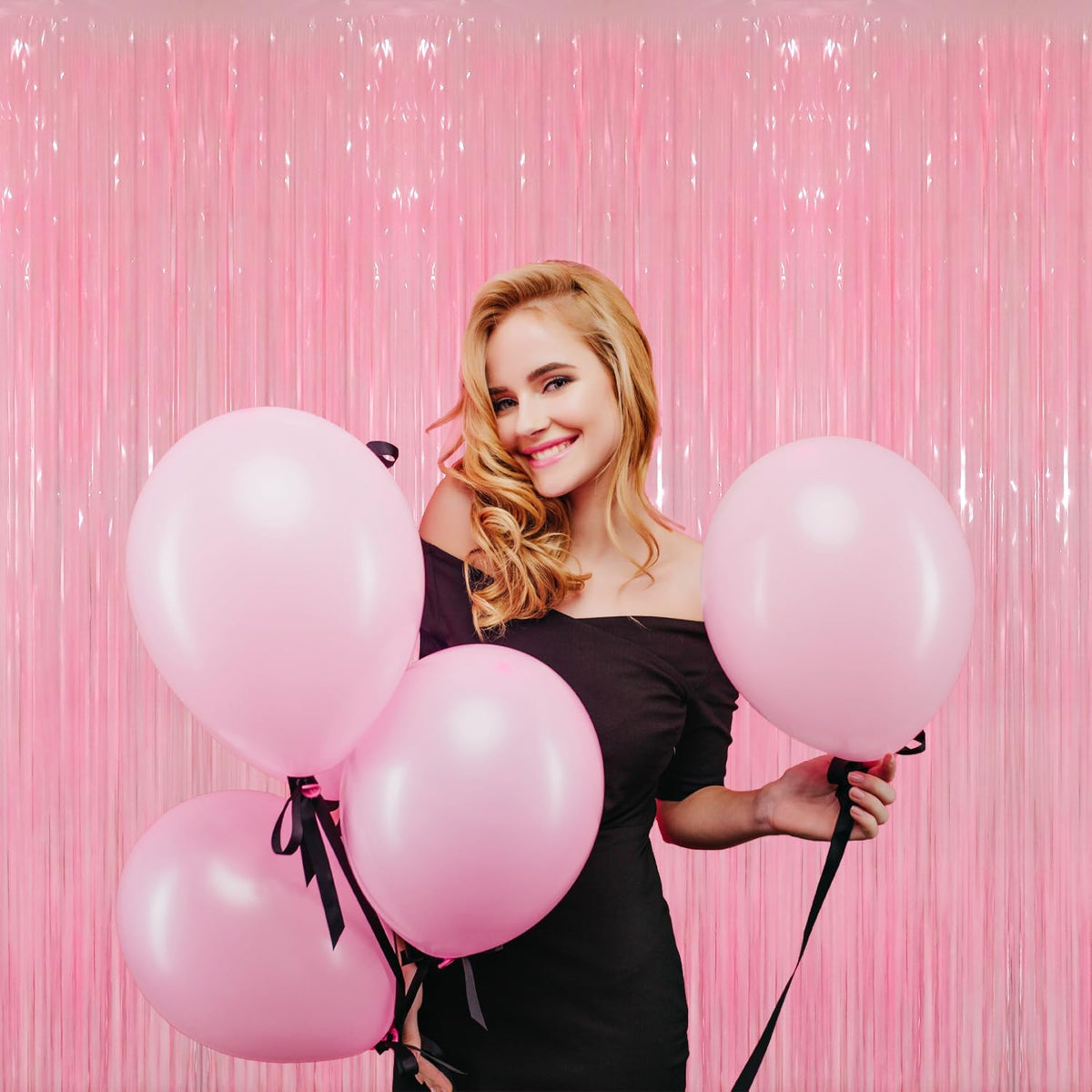 GOER 6.4 ft x 8.2 ft Metallic Tinsel Foil Fringe Curtains Party Photo Backdrop Party Streamers for