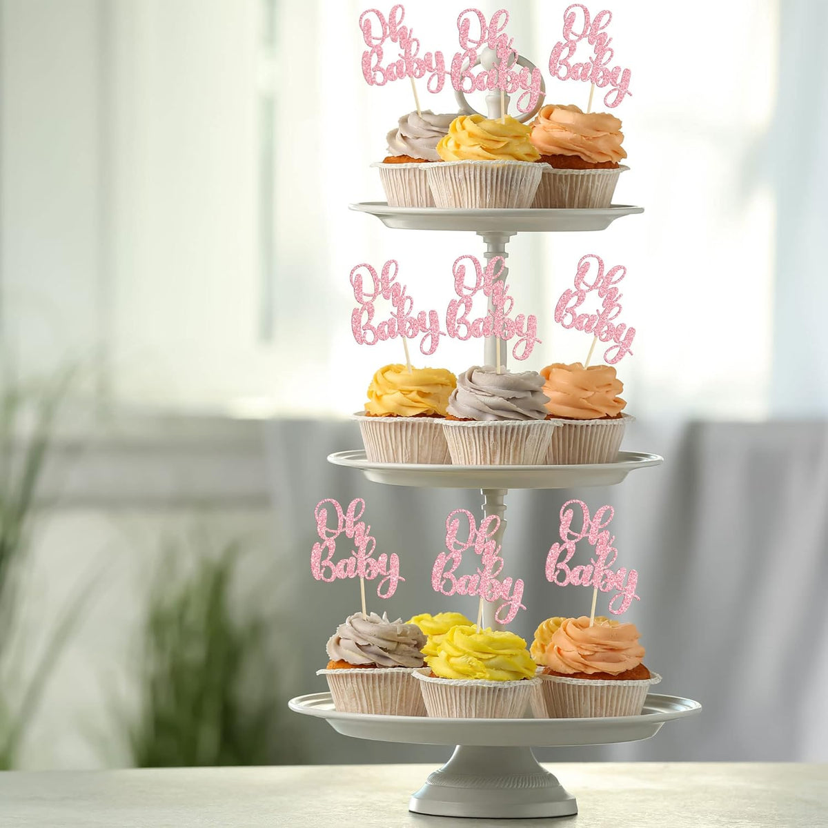 Gyufise 36 Pack Oh Baby Cupcake Toppers Glitter Baby Shower Cupcake Picks Decorations for