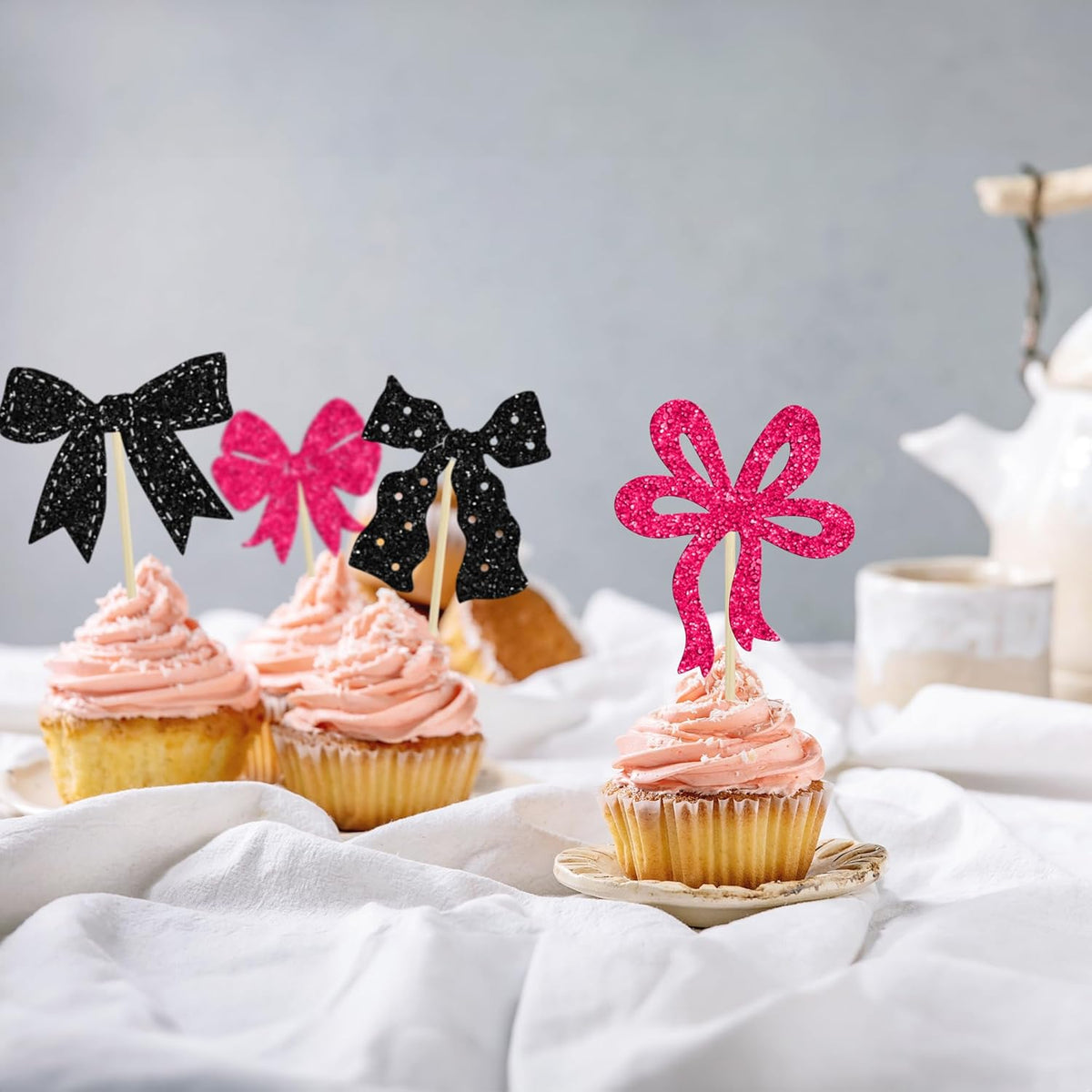 Ephlyn 24Pcs Pink Bow Cupcake Toppers Bow Birthday Cake Topper Girls Birthday Party Decorations