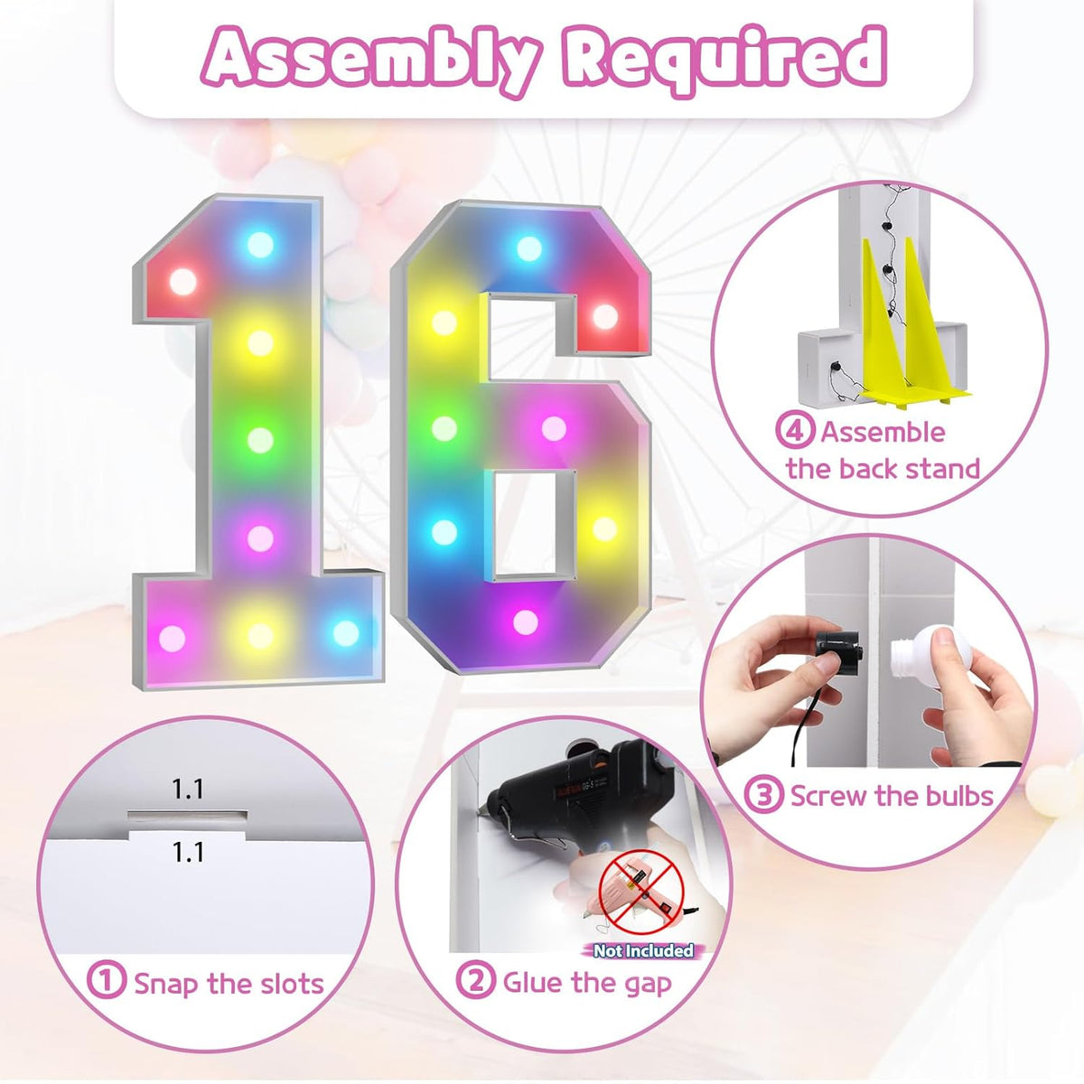 Marquee Numbers 16th-Birthday Decoration: Colorful 3FT Large Light Up 16 Year Old Birthday