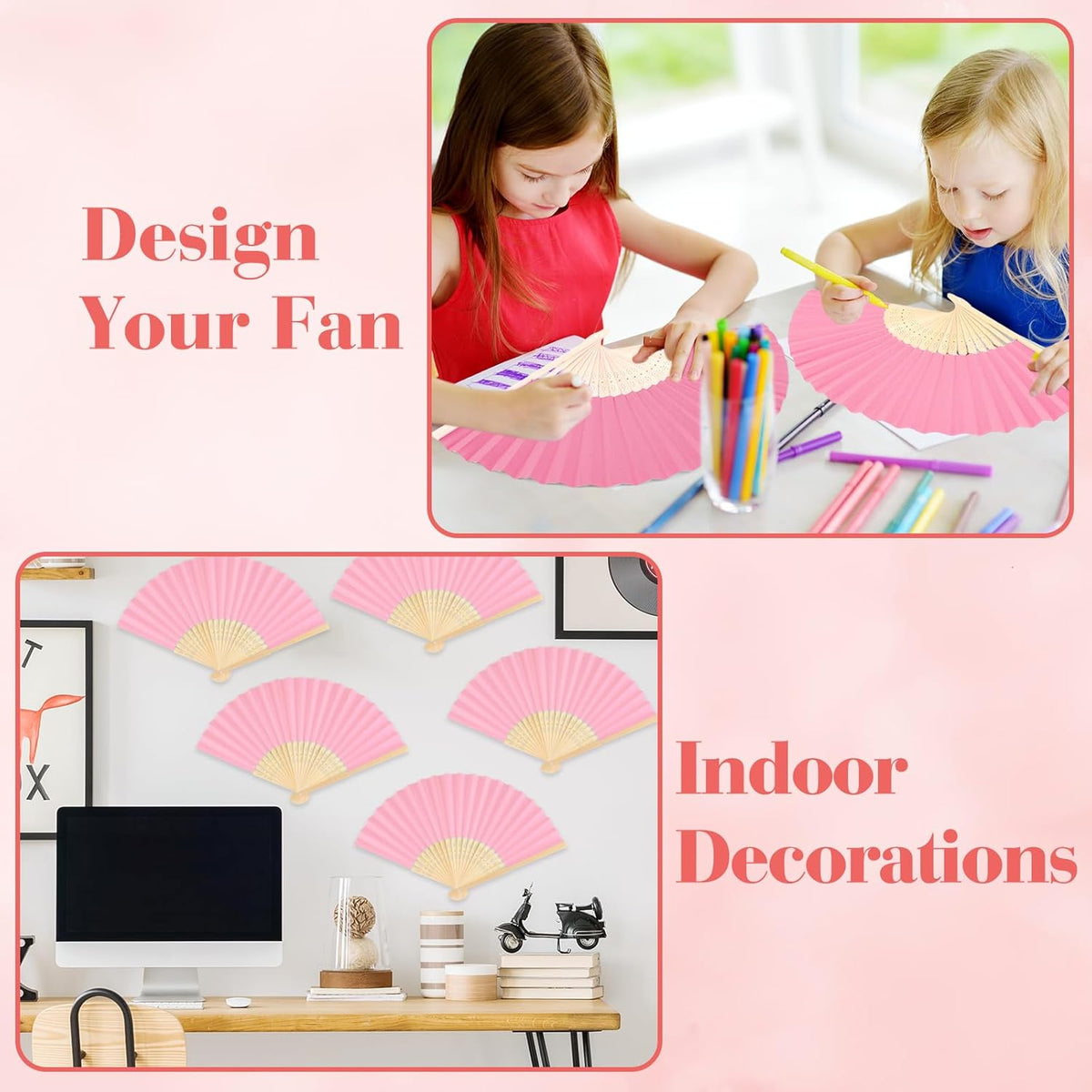 12 Pieces Pink Hand Held Bamboo Folding Fans Paper Fans Handheld for Women Foldable Girls Wedding