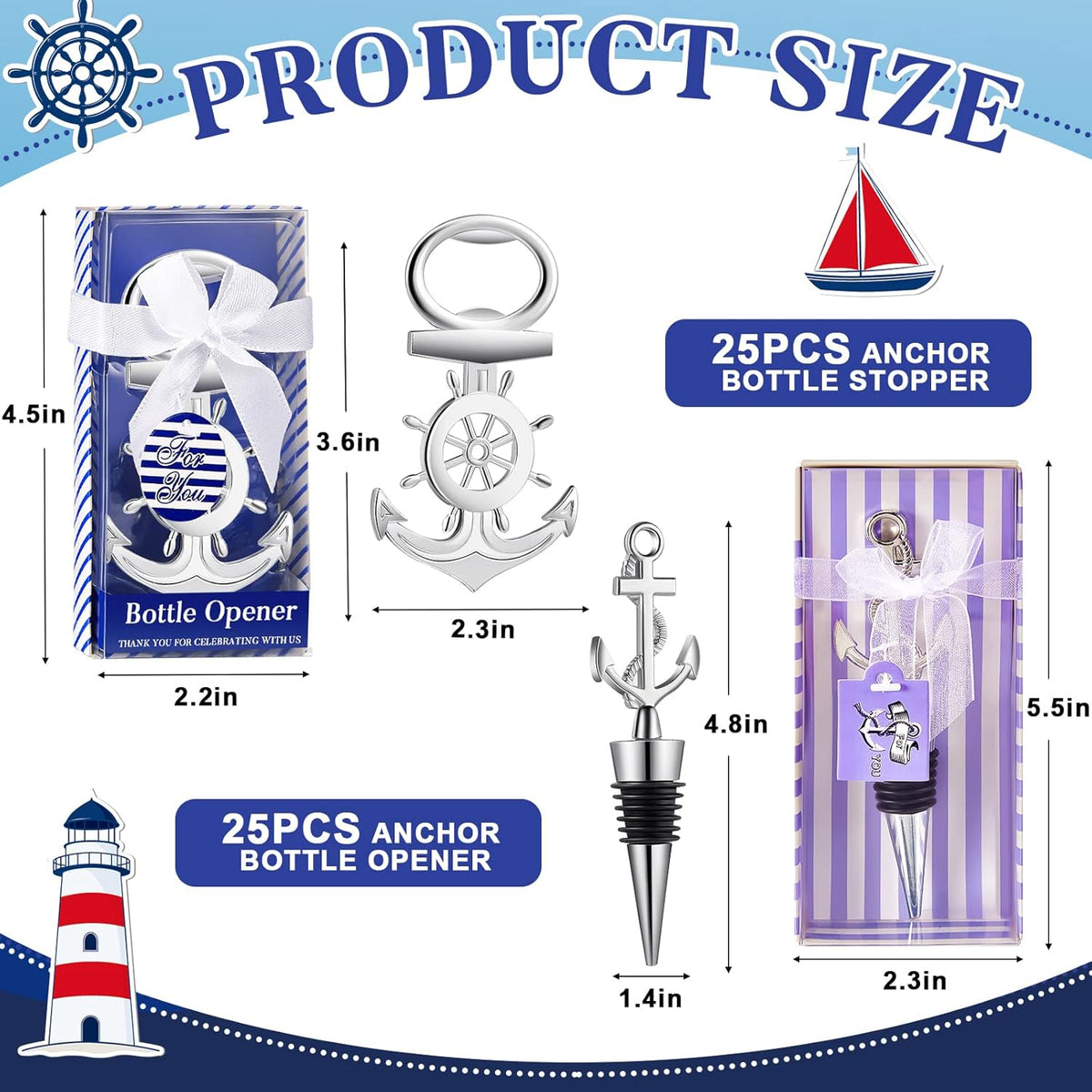 Zhehao 50 Pcs Anchor Bottle Stopper Bottle Opener Wine Bottle Stopper for Beach Nautical Themed