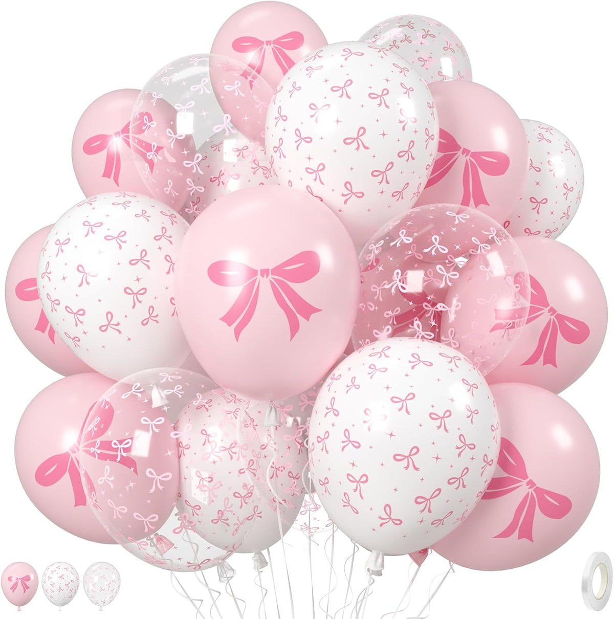 Pink Bow Balloons, 35PCS Light Pastel Pink Clear White Bow Latex Balloon for Girls Women Wedding
