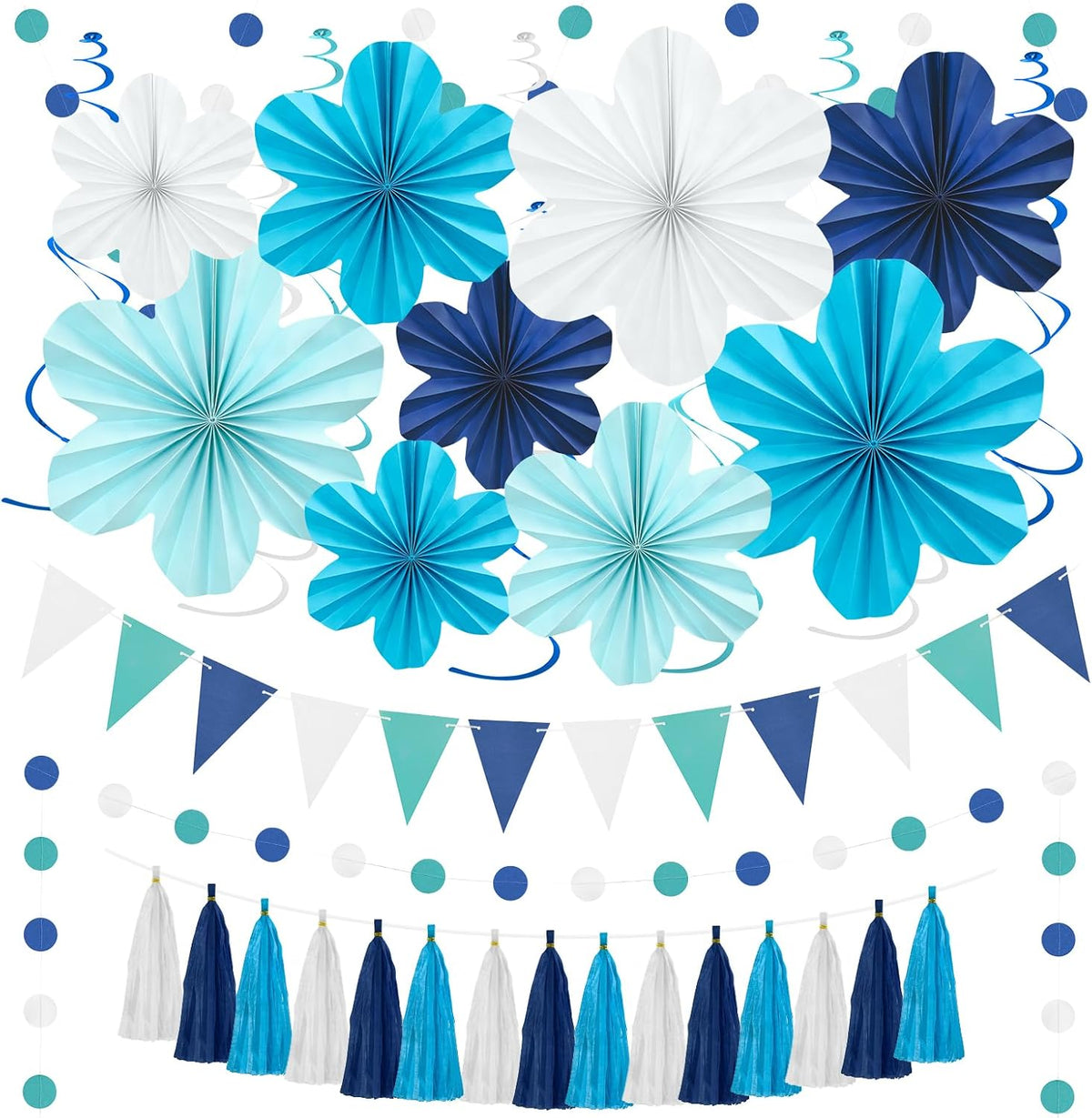 Navy Blue Party Decorations Set, 22 Pcs Hanging Paper Flowers, Tassel Garland & Swirls for