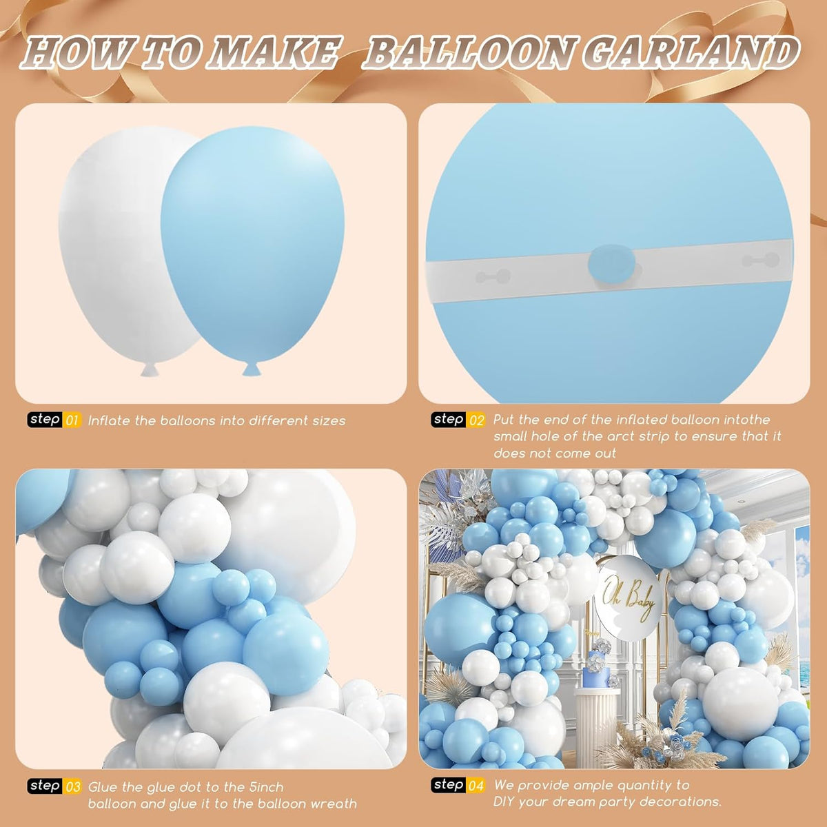 412Pcs Blue and White Balloon Arch Kit, 18 12 10 5 Inch Different Size Light Blue White Balloon