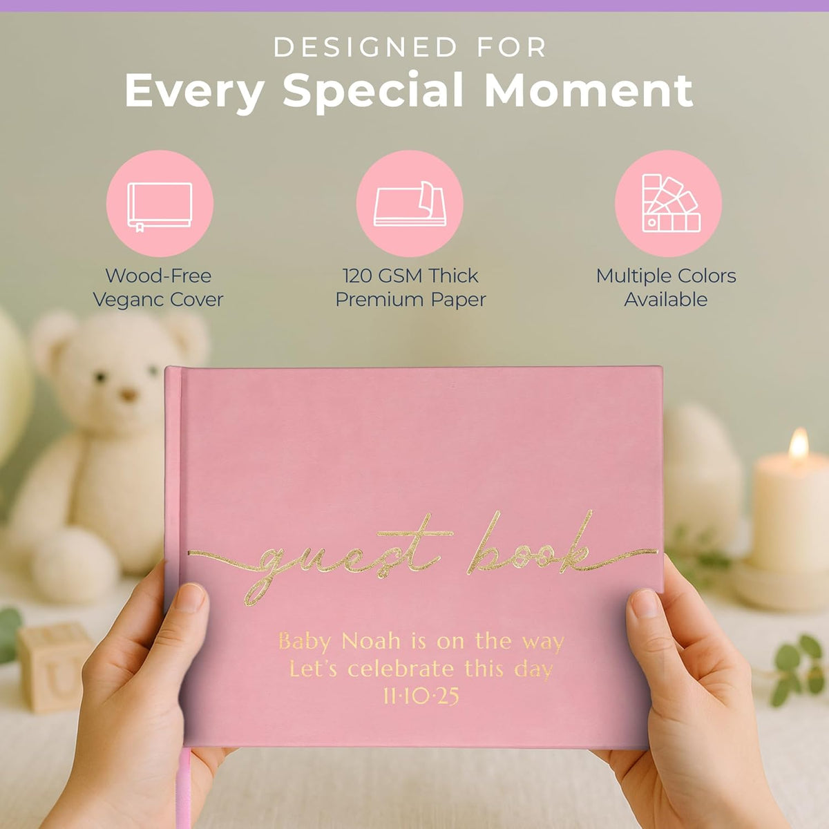 Promot Personalized Guestbook for Party (Pastel Pink) - 110 Lined Pages in Wood-Free Vegan Leather