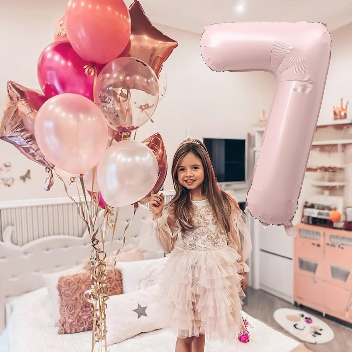 Light Pink Number Balloon 7, 40 Inch Large Self Inflating 7 Foil Number Balloons 0-9, Blush Pastel