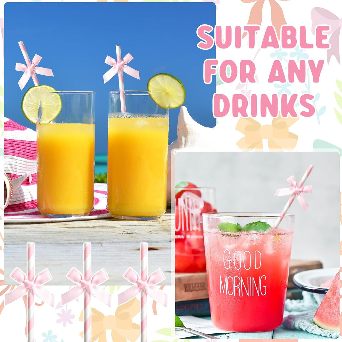 100 Pcs Pink Paper Straws for Drinking, Bow Disposable Striped Paper Straws Bulk Pink Theme
