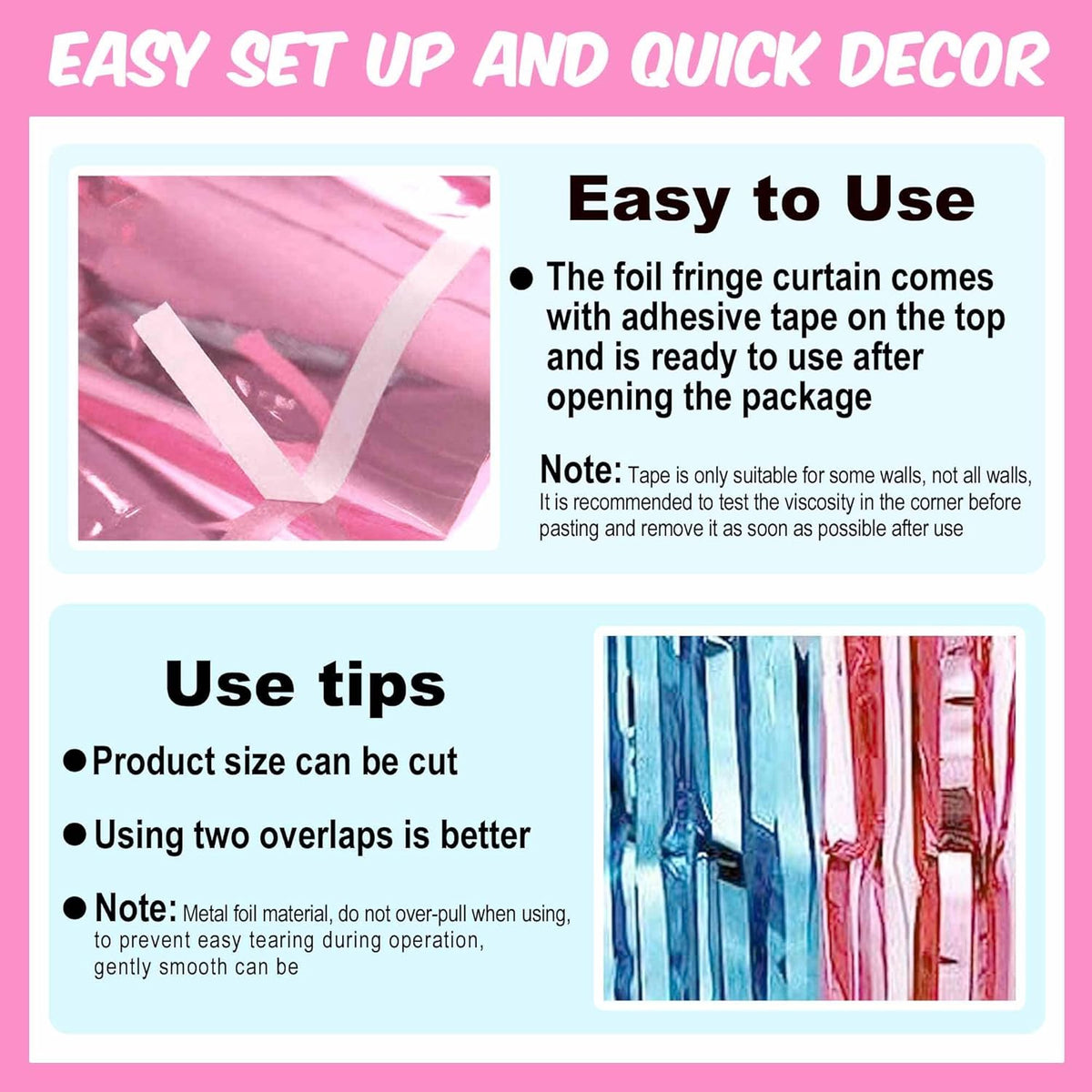 6 Pack Pink Blue Foil Fringe Curtains Backdrop, 3.28 x 8.2 Ft Metallic Streamers Tinsel Curtains