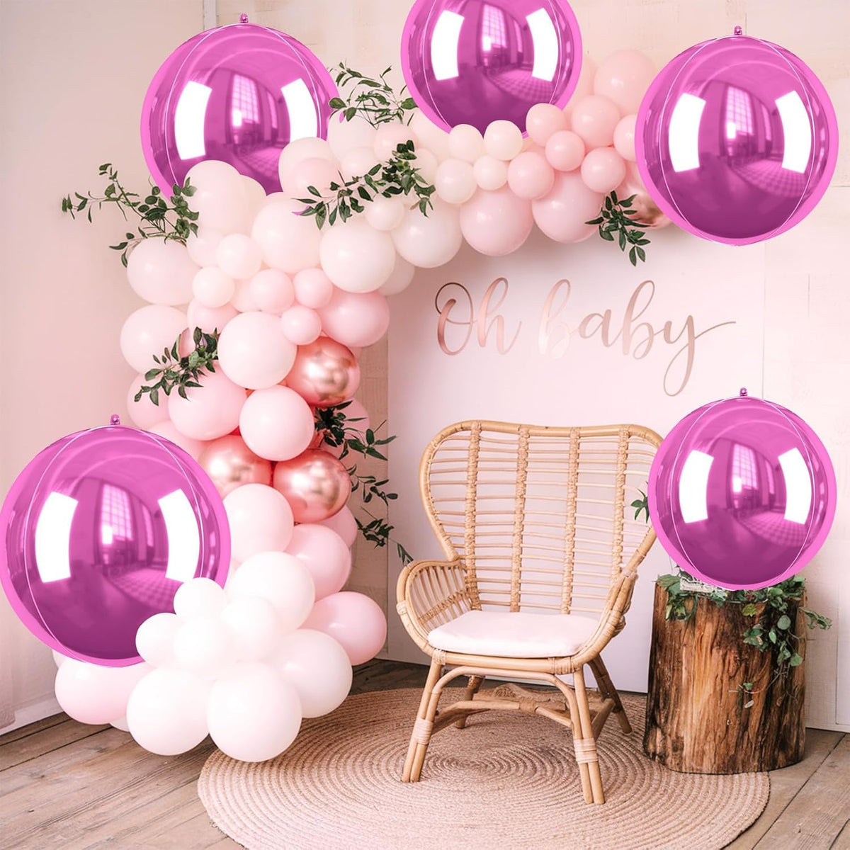 Giant 4D Foil Balloons, 6 Pcs Large Hot Pink Metallic Round Balloons, 22 Inch Big Round Hot Pink