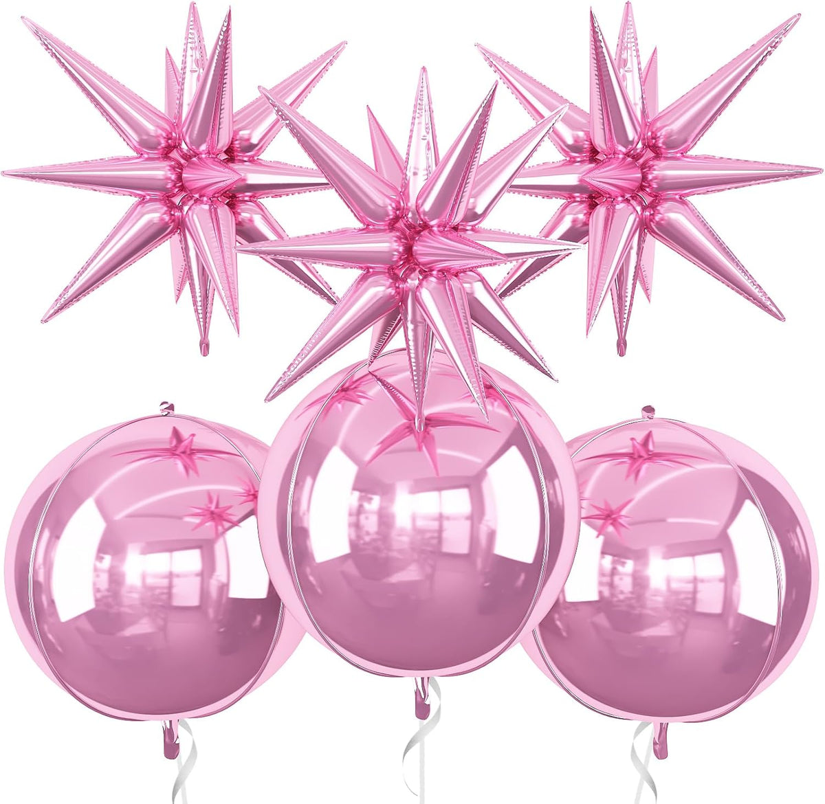 6Pcs Pink Foil Balloons,22Inch Light Pink 4D Round Ball Balloon and Explosion Star Balloon for