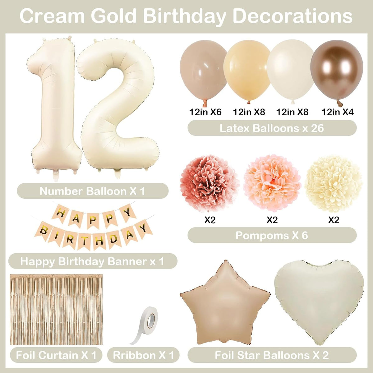 Beige 12th Birthday Decorations Girls Boys Cream Number 12 Balloon Nude Gold Happy Birthday Banner