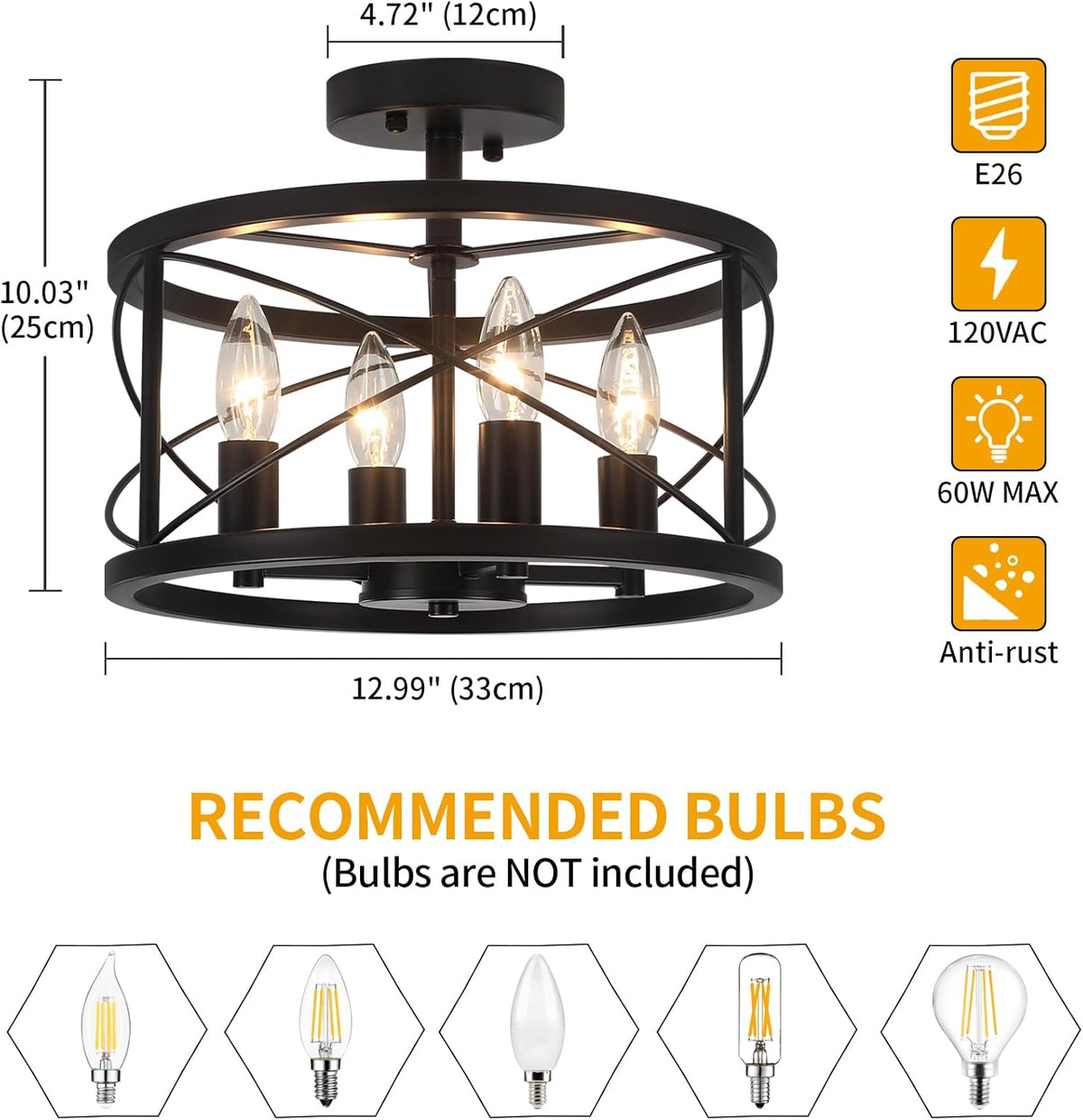 Black Semi Flush Mount Ceiling Light Fixture, 4-Light Farmhouse Modern Ceiling Light, Hallway Light