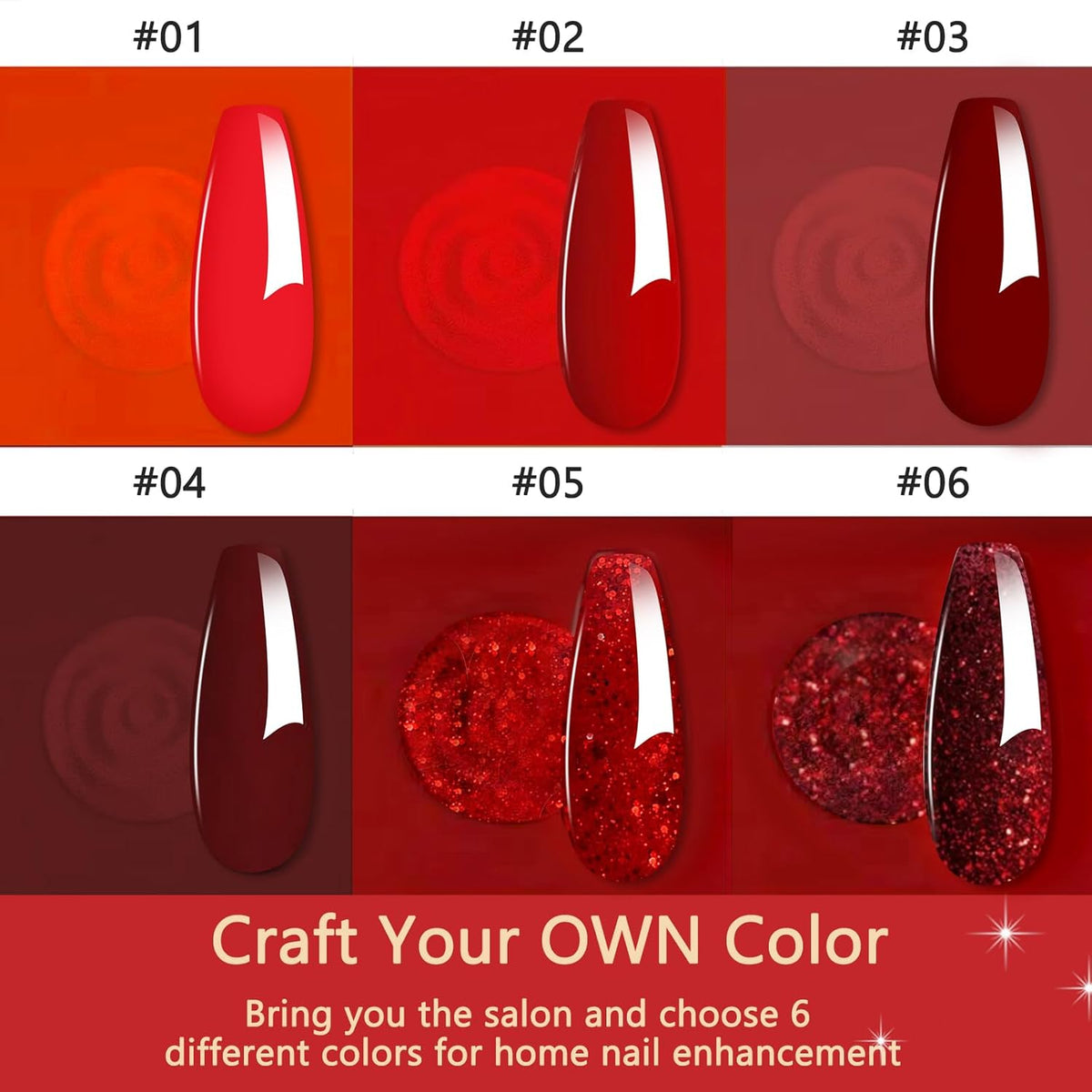 Dip Powder Set, Honey Joy 6 Colors Classic Red Collection Glitter Dipping Powder Set Nail Art