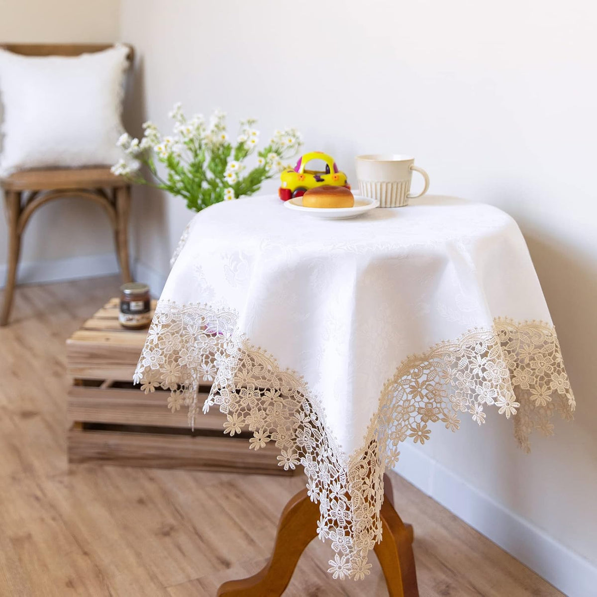Beige lace Premium Square Farmhouse Tablecloth Waterproof OilProof SpillProof AntiShrink Soft