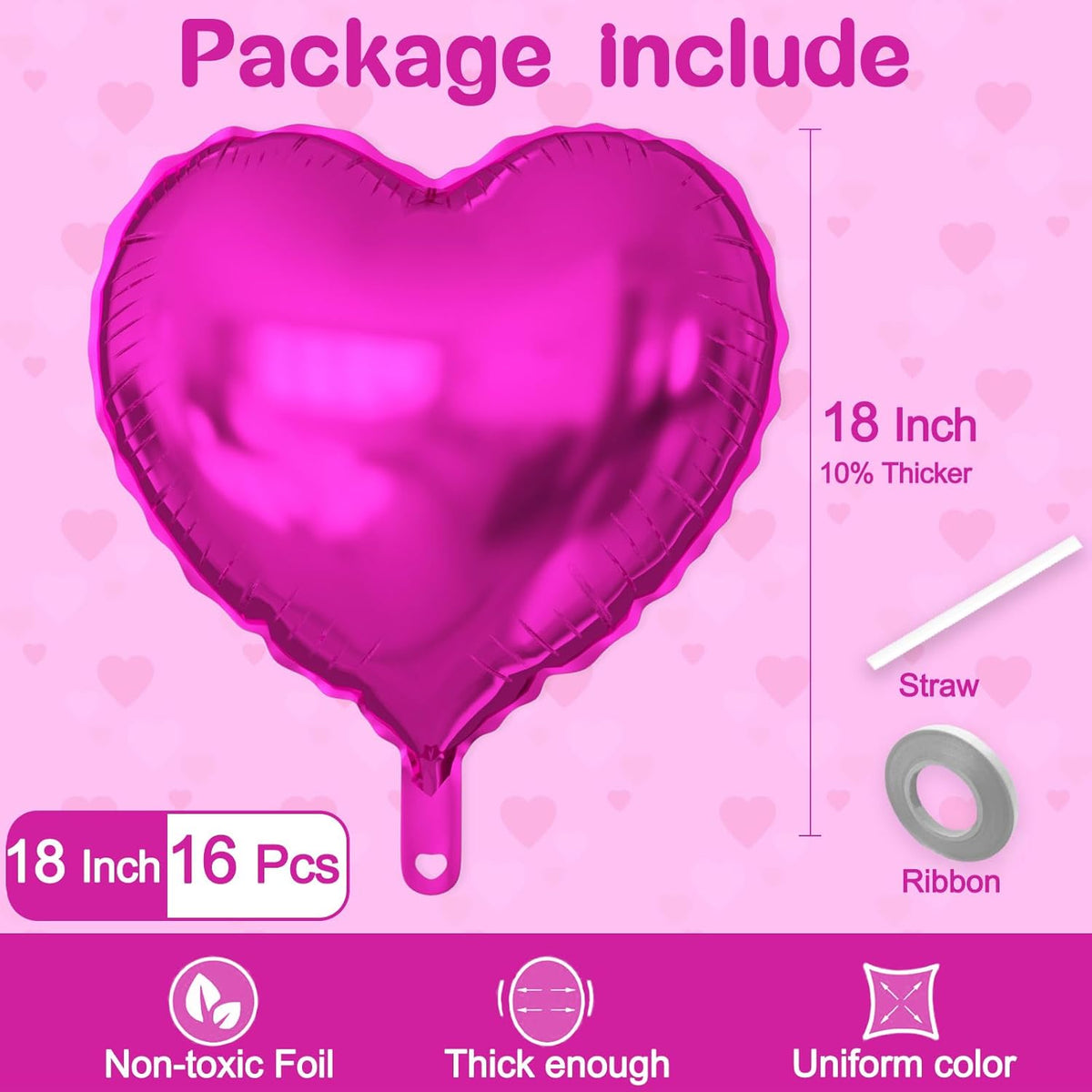 16 Pcs Heart Balloons, 18 Inch Hot Pink Love Heart Shaped Foil Balloons for Wedding Anniversary
