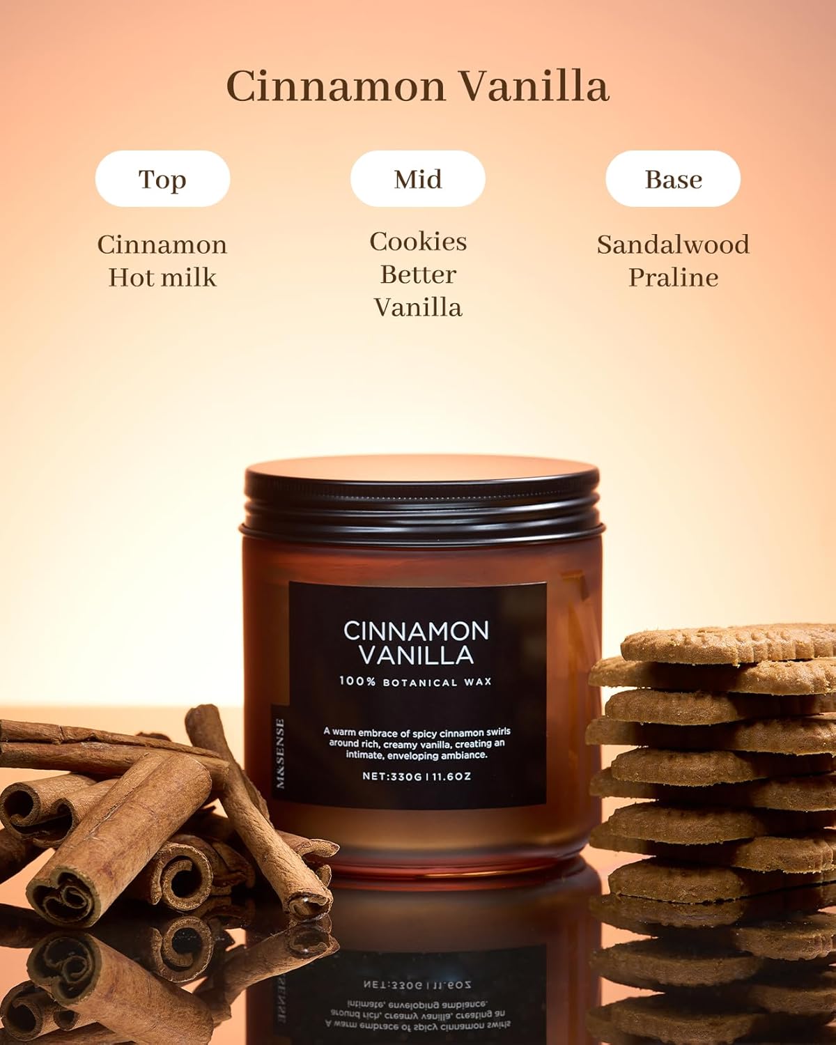 M&SENSE Cinnamon Vanilla Fall Scented Candles for Home, Natural Soy Wax 11.6oz 70 Hours Large Long