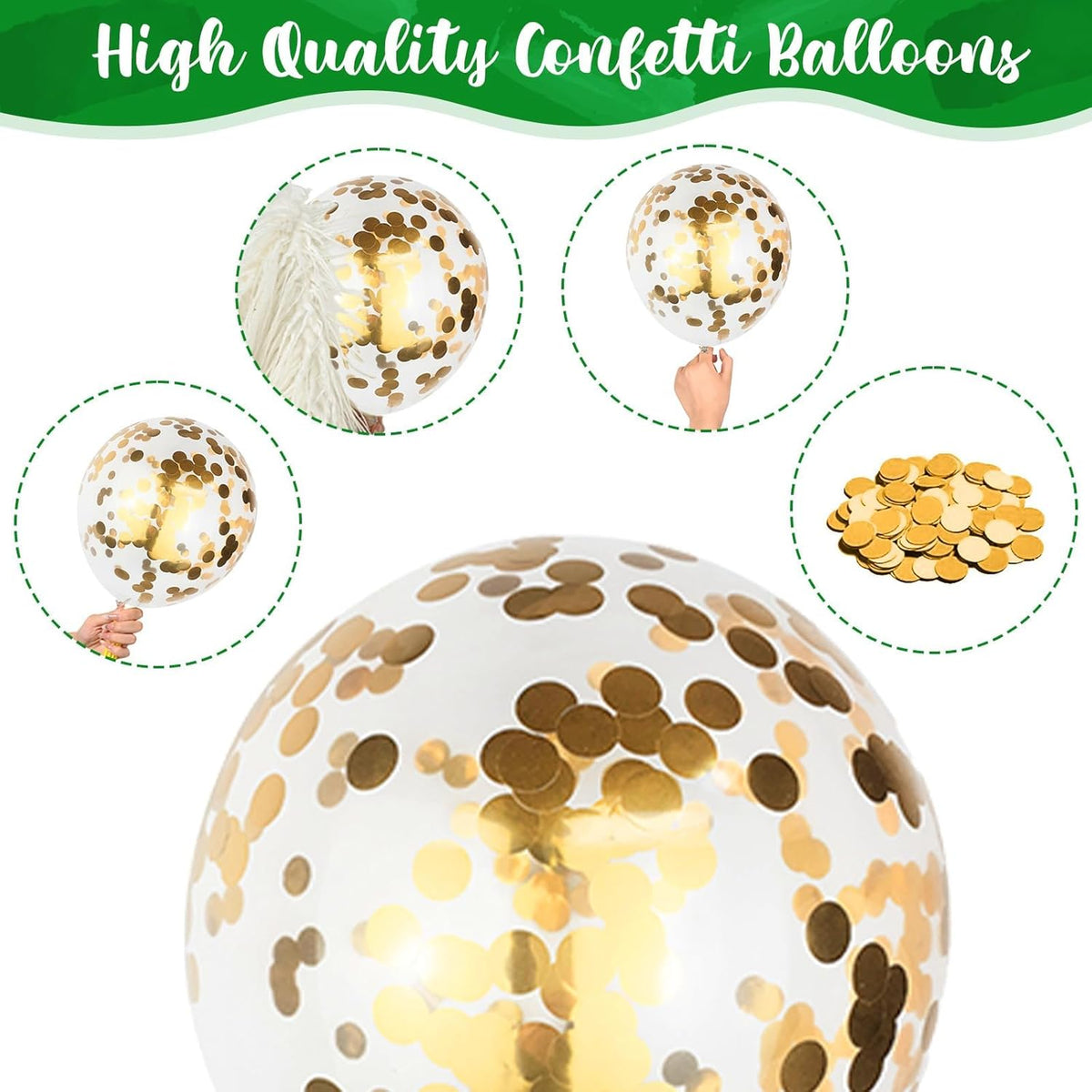 Green Gold Balloons Set, Dark Green Pearl Lime Green Metallic Gold White with Confetti Latex