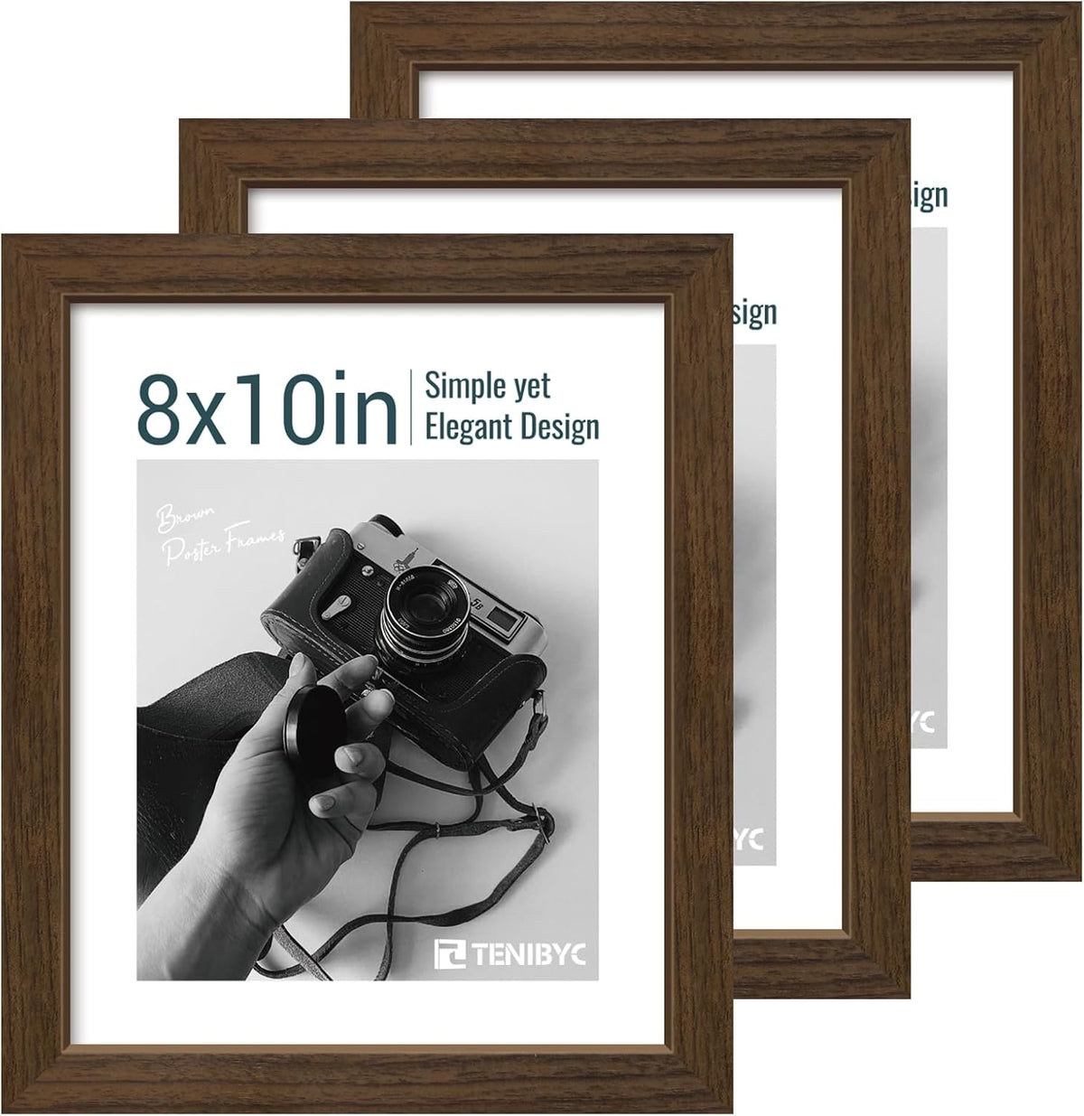 8x10 Picture Frame Set - 3 Pack, Brown Woodgrain, Wood Photo Frame, HD Tempered Glass, Gallery