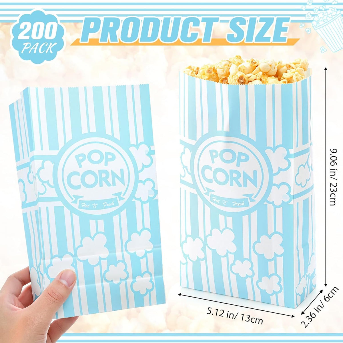200 Pcs Paper Popcorn Bags Bulk 2 oz Large Flat Bottom Boxes Red and White Disposable Container