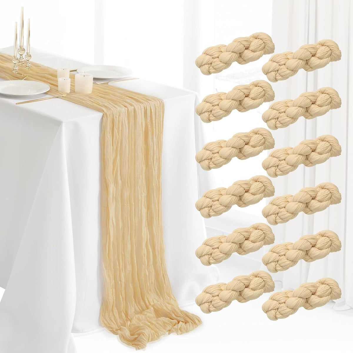 12Pcs Beige Cheesecloth Table Runner 120 Inch10FT Beige Rustic Boho Cheesecloth Table Runnerfor