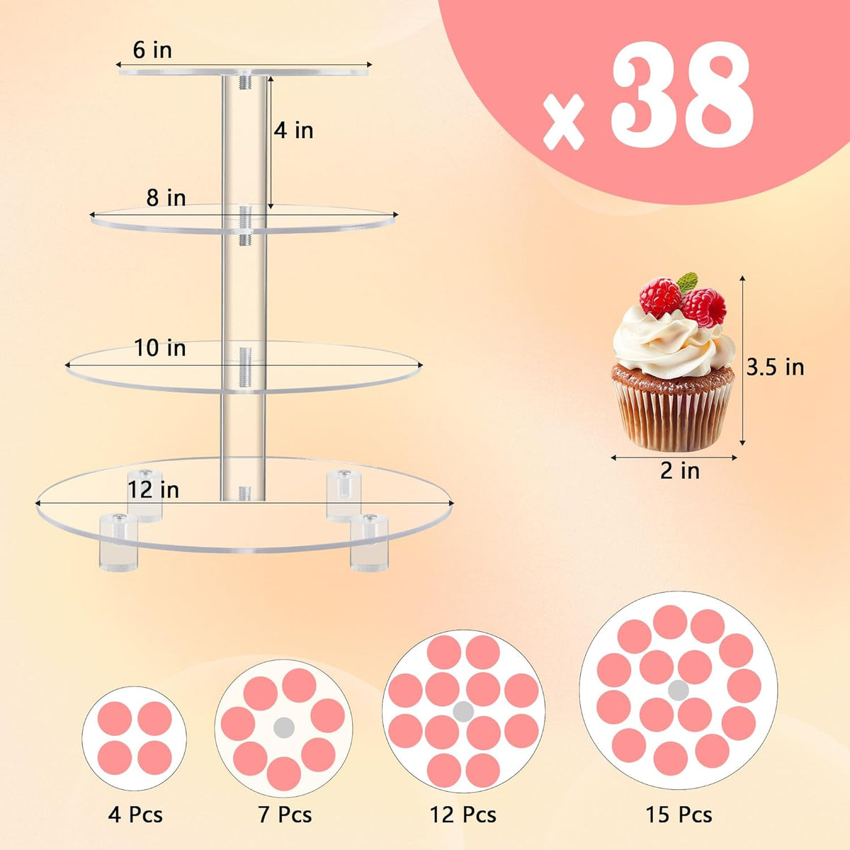 YestBuy 4 Tier Round Acrylic Cupcake Stand with Base, Premium Cupcake Holder, Acrylic Cupcake Tower