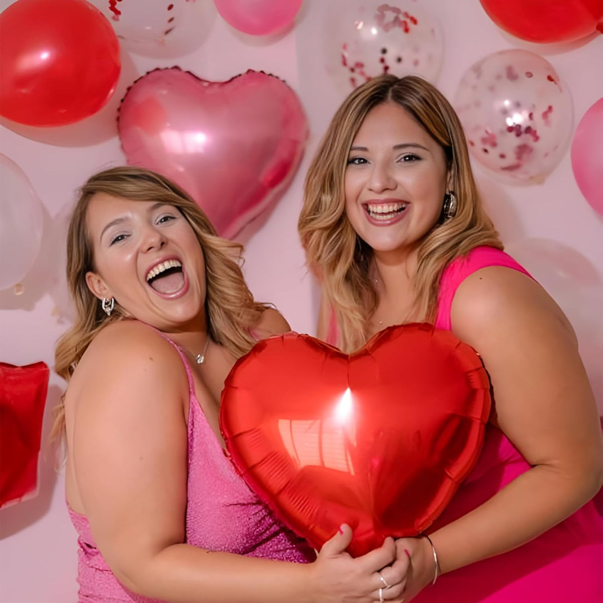 18inch Pink Heart Balloons,6Pcs Bright Pink Heart Shaped Foil Balloons & 6Pcs Red Helium Mylar