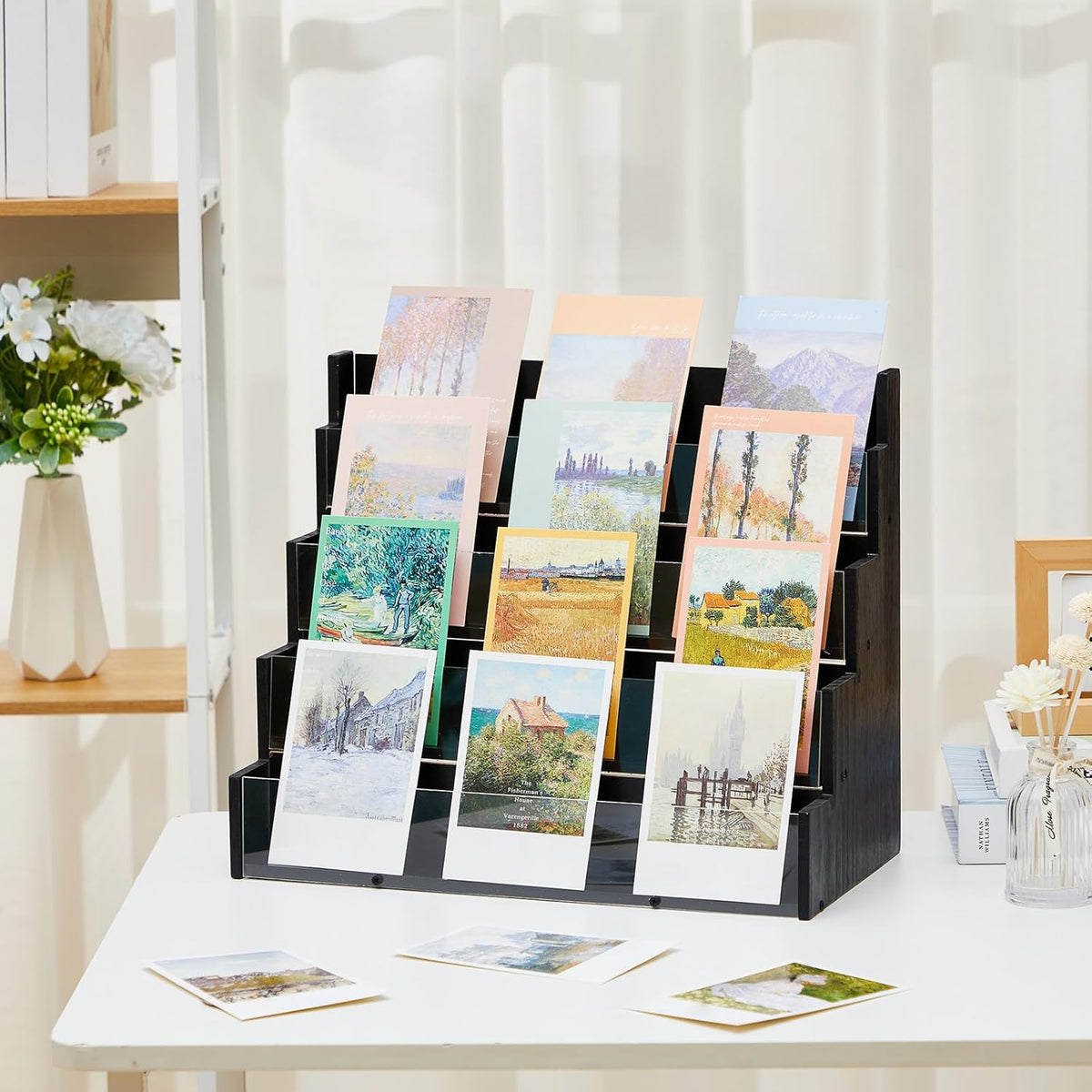 4 Tier Greeting Card Display Stand Black Bamboo and Acrylic Sticker Display Stand Trading Card