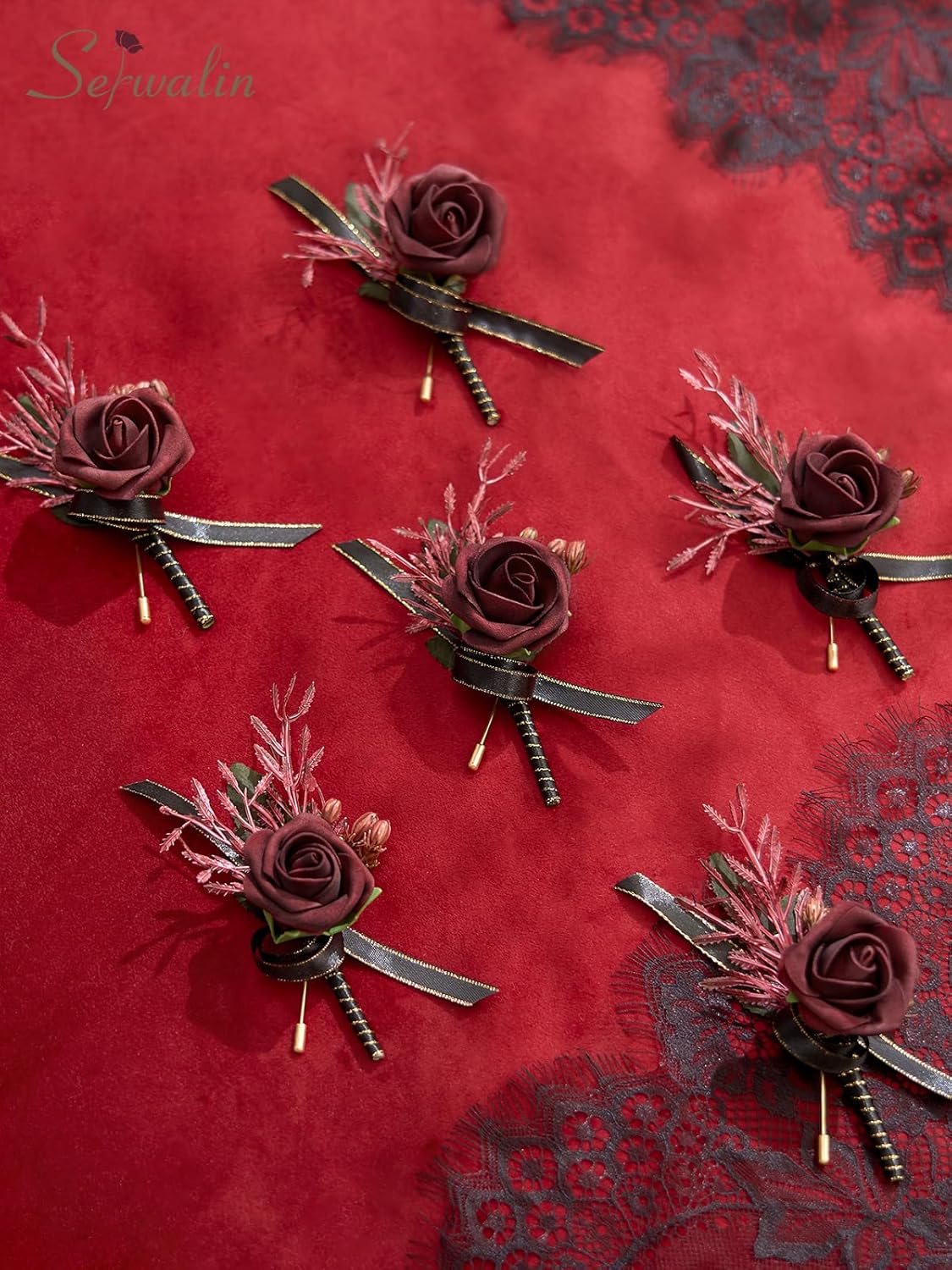 Serwalin 10Pcs Boutonniere for Men, Burgundy Groom and Best Man Boutonniere, Artificial Flowers for