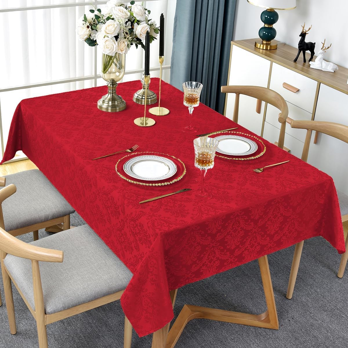 Jacquard Christmas Tablecloth Rectangle 52 x 70 Inch, Waterproof Wrinkle Free Floral Damask Table