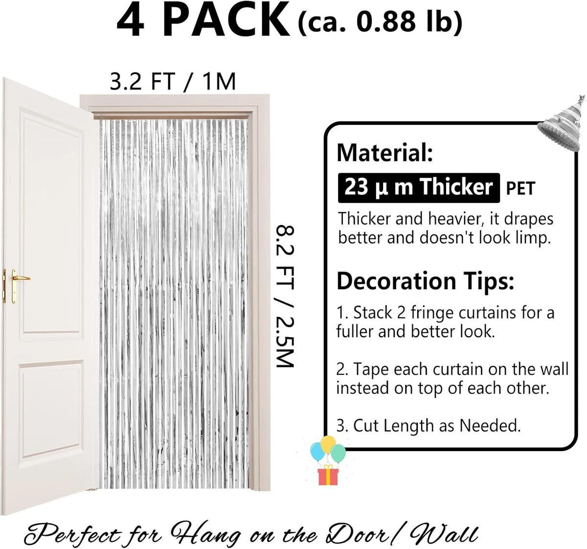 Silver Streamers Party Decorations - Thicken 4 Pack 3.2 x 8.2 FT - Black Tinsel Foil Fringe