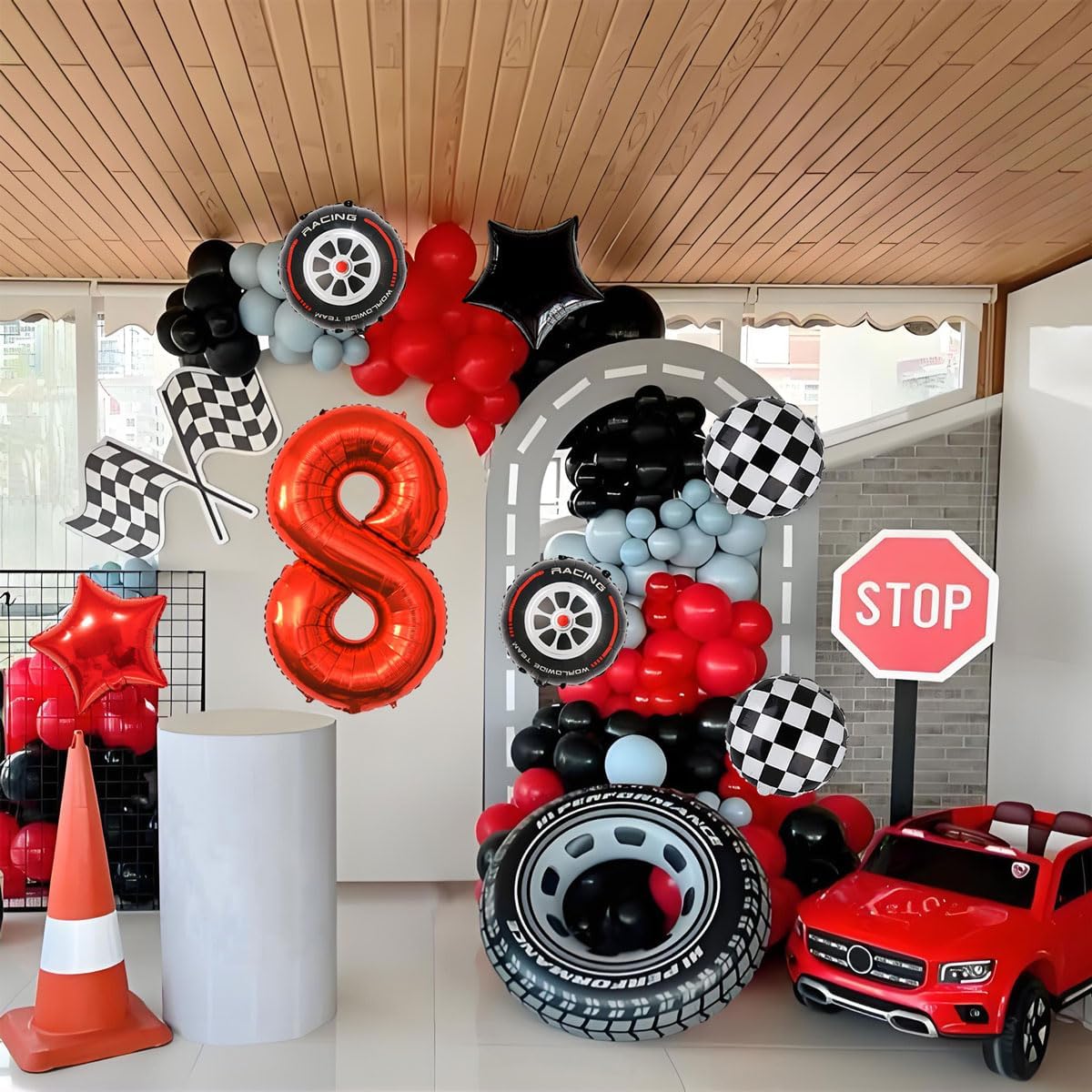 Race Car Birthday Decorations - 40 Inch Mylar Red Number 8 Balloons - Black Foil Checkered Race Car