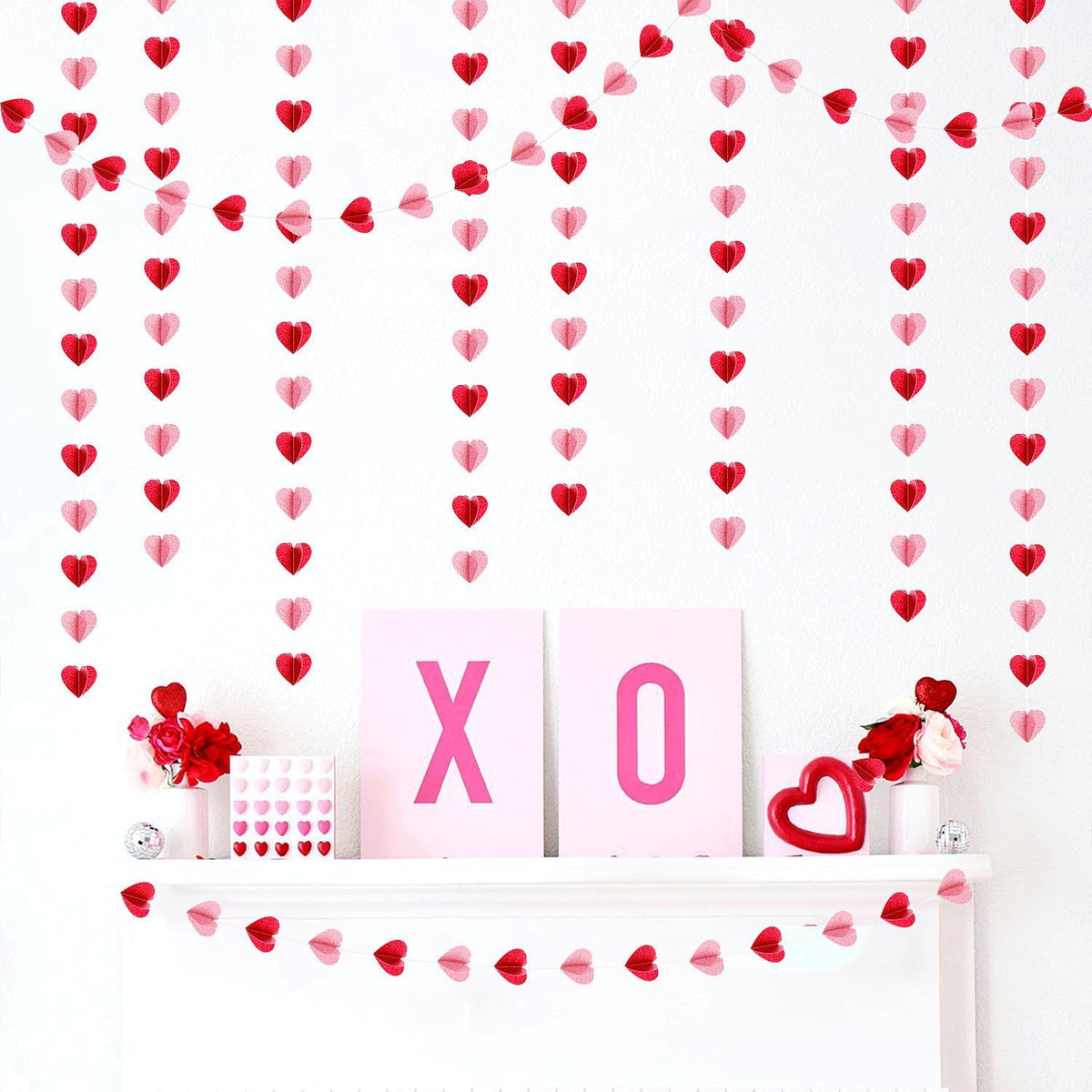 Red Pink Party-Decorations 3D-Heart Garland - 40ft Galentines Streamers Paper Banner, Proposal