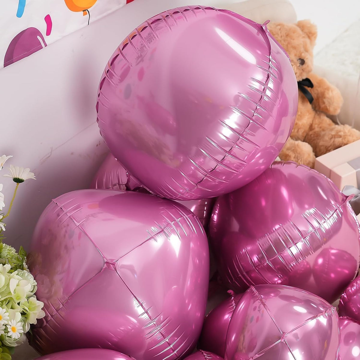 12Pcs Pink Round Foil Balloons, 22" 15" 10" 4D Helium Ball Balloon, Metallic Pink Foil Balloon for
