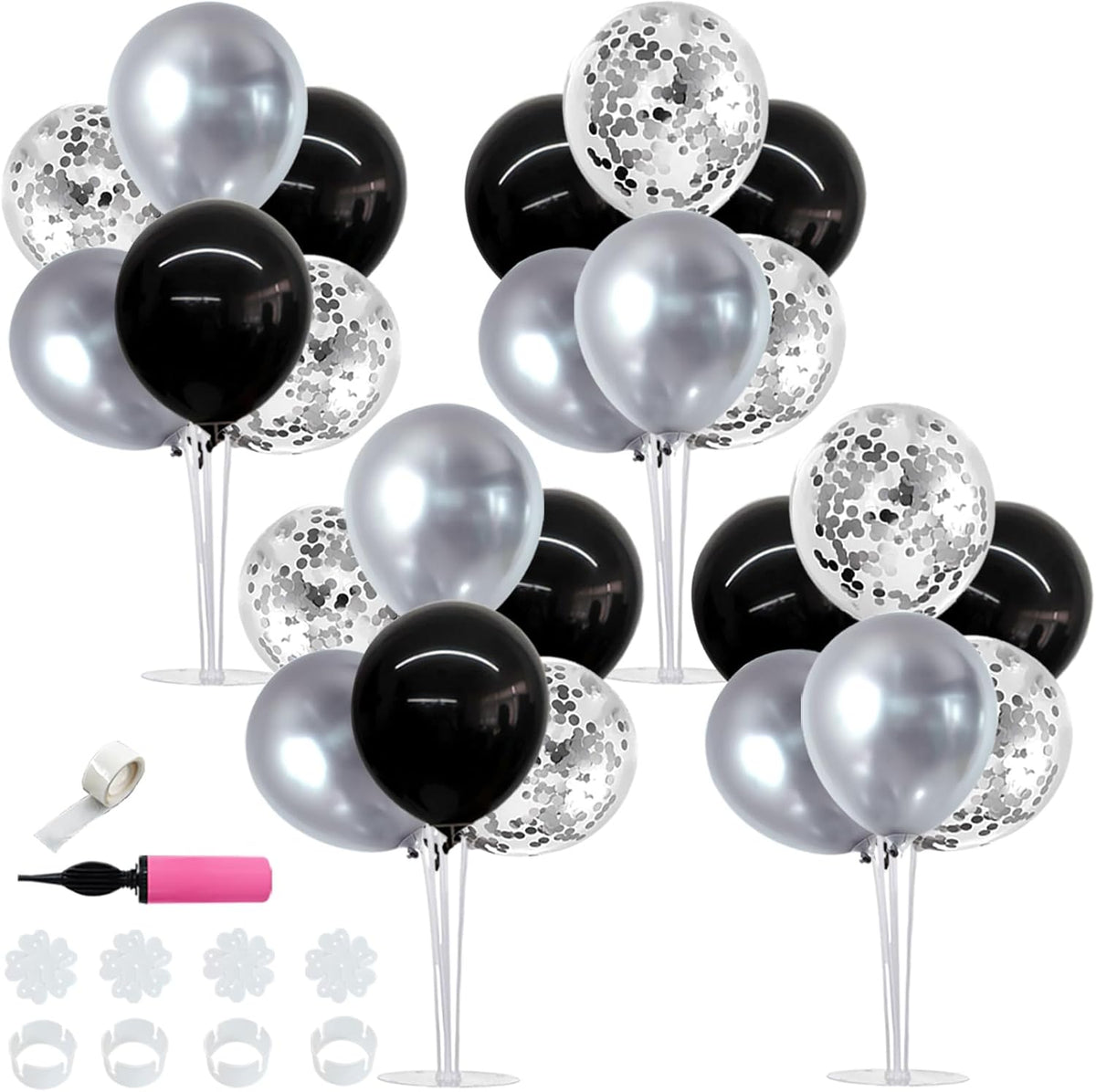 TONIFUL 4 Set Black and Silver Balloons Stand Centerpiece Table Decorations for Birthday, Baby