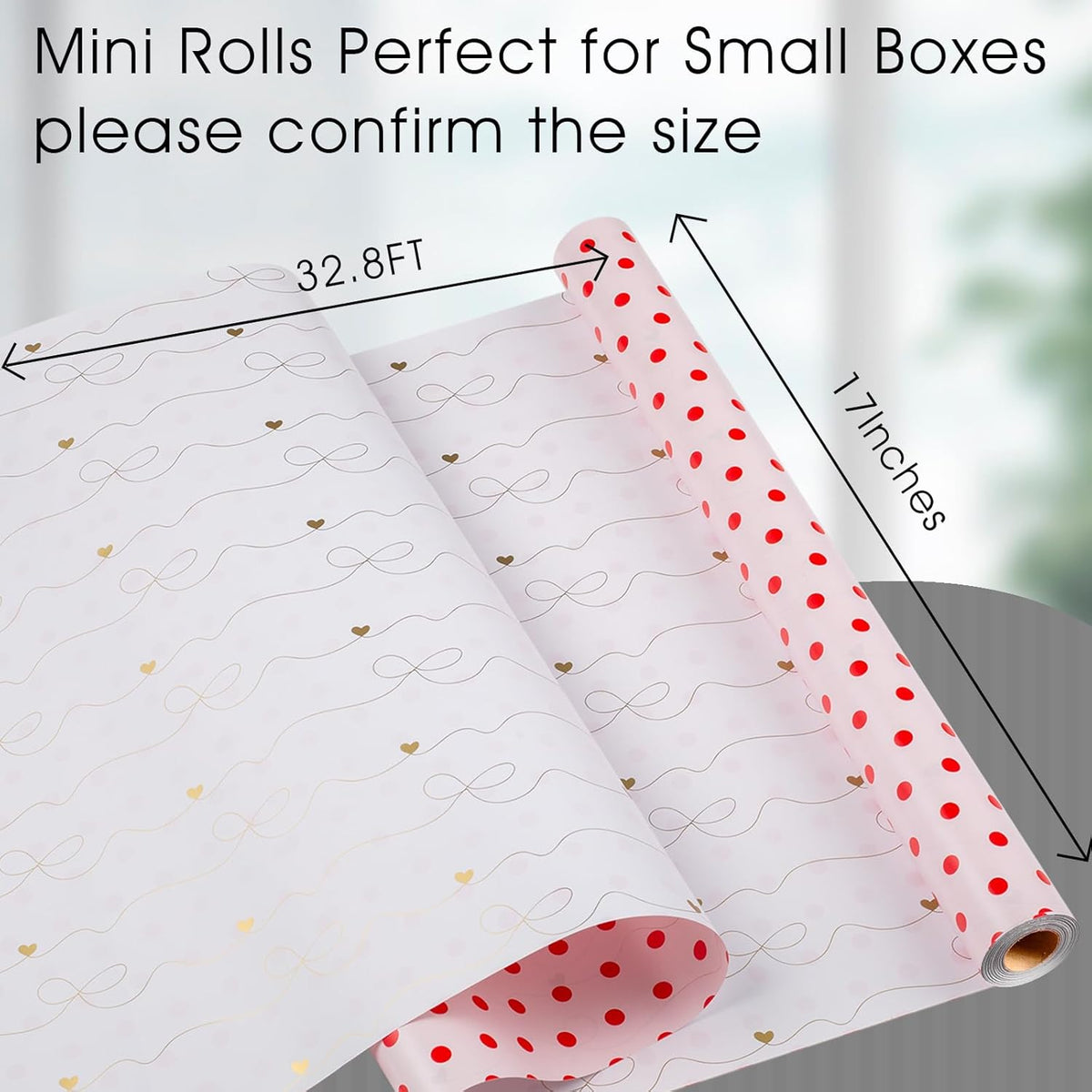 Flyhill Red Polka Dot Wrapping Paper,Reversible Pink Gold Elegant Bow & Heart Gift Wrap Suitable