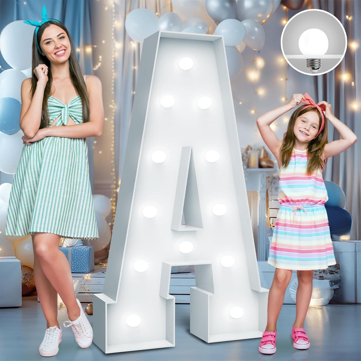 4FT Marquee Light Up Letters - Cool White Light Up Letters A with Fixed Water Bag, Party Decoration