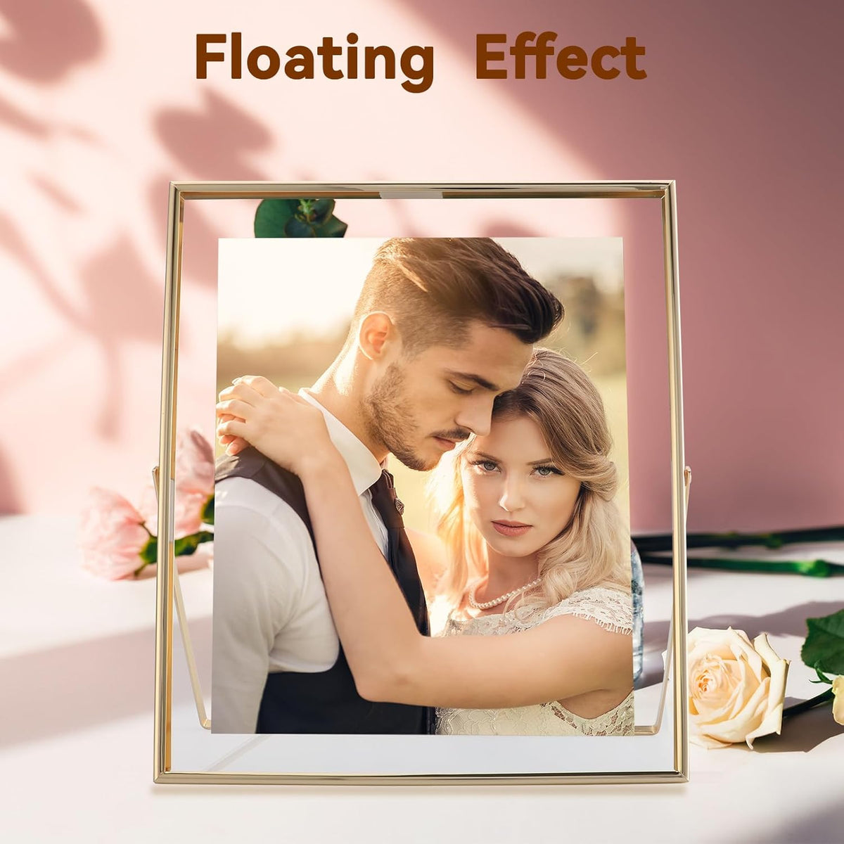 Gold Floating Frame, 10"x12", Vertical, For Picture 8.5x11, 8x10, 7x9, Tabletop Shelf Photo Frame
