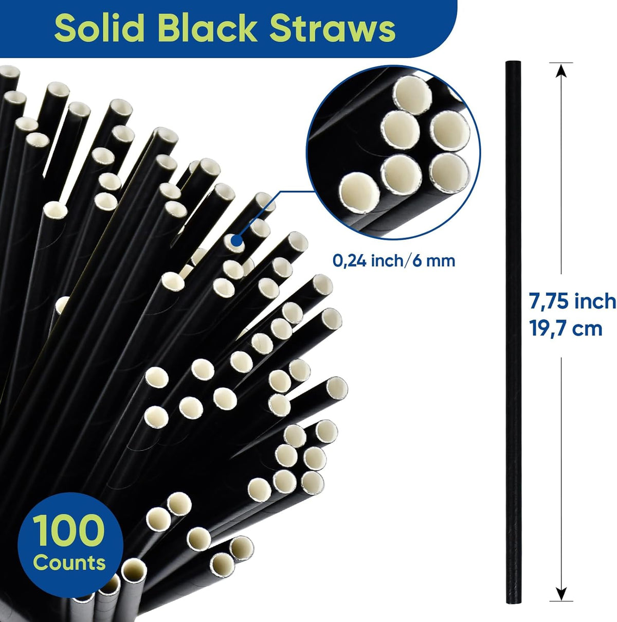 Disposable Black Paper Drinking Straws - 100 Counts, 7.75'' x 0.24'' - for Cocktaill, Coffee