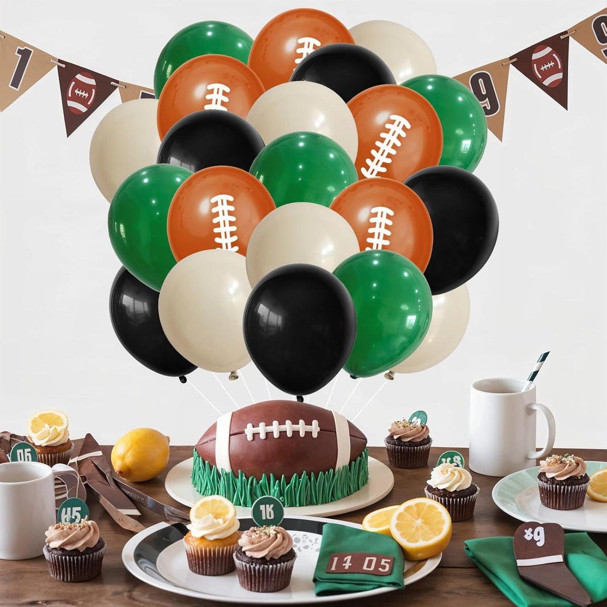 Football Balloons, 12 Inch Dark Green Black White Sand with Brown Printed Sports Latex Balloon for
