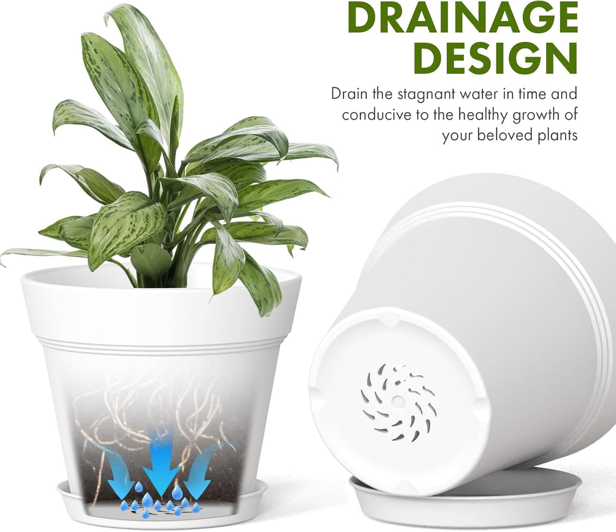 4 Inch Plastic Plant Pots with Drainage Holes and Trays – 8 Pack Small Nursery Pots for Indoor &