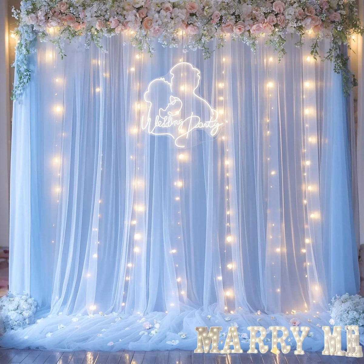 Blue Tulle Backdrop Curtains with Lights String for Parites Baby Shower 20×10ft Blue Sheer Backdrop