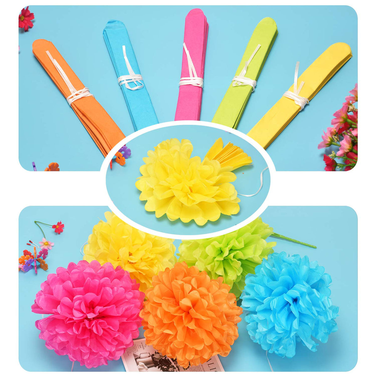 Colorful Paper Party Decorations, Tissue Paper Flower&Party Pom Poms wth Swirl Streamers, Premium