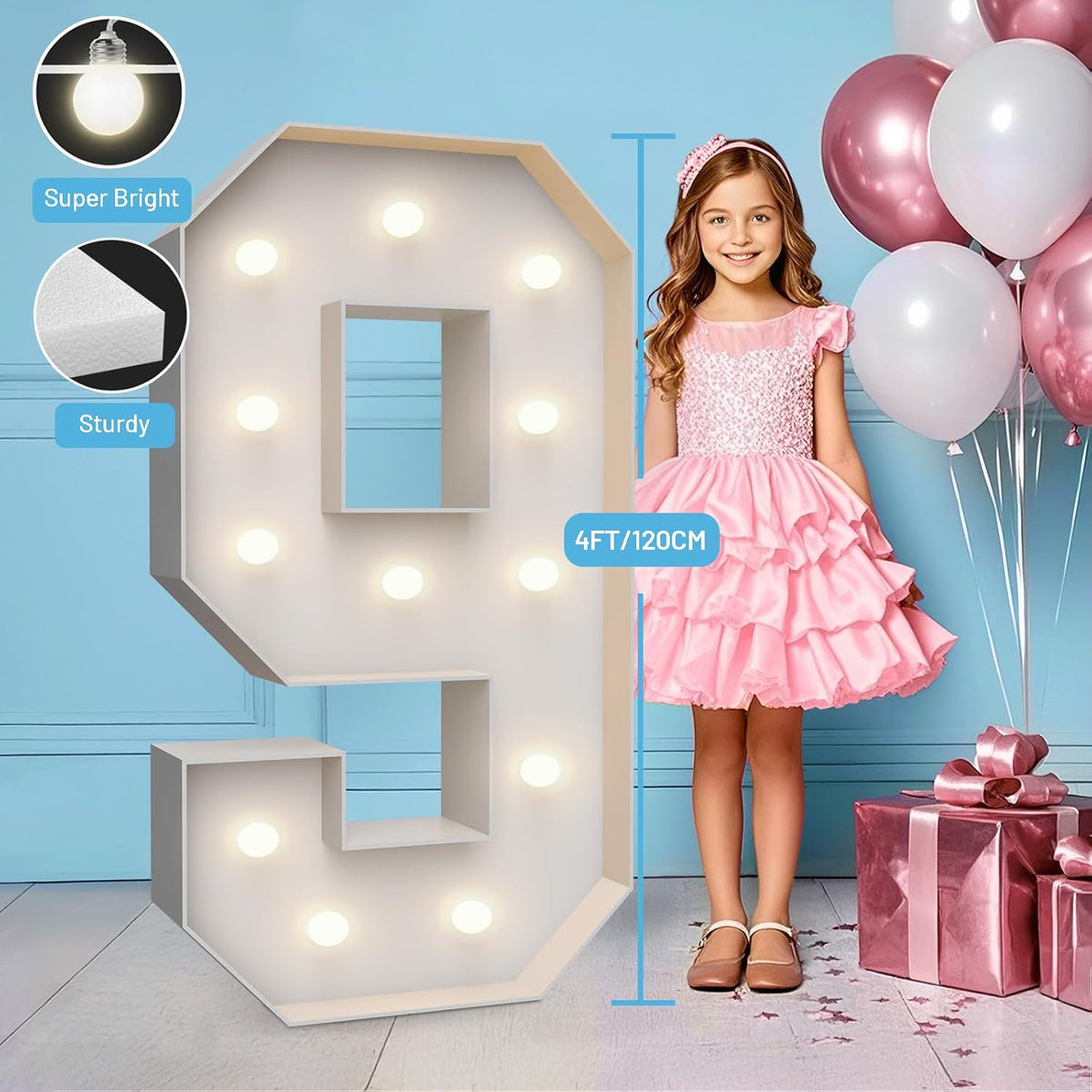 4FT Marquee Light Up Numbers 9,Party Decoration Large Marquee Light Up Letters with Weighted Water